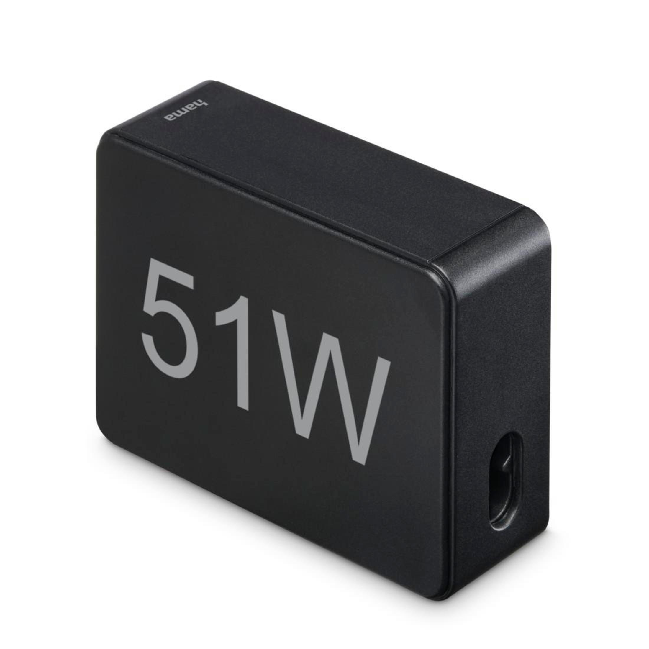Ein schwarzer Netzadapter mit der Aufschrift '51W' auf weißem Hintergrund.