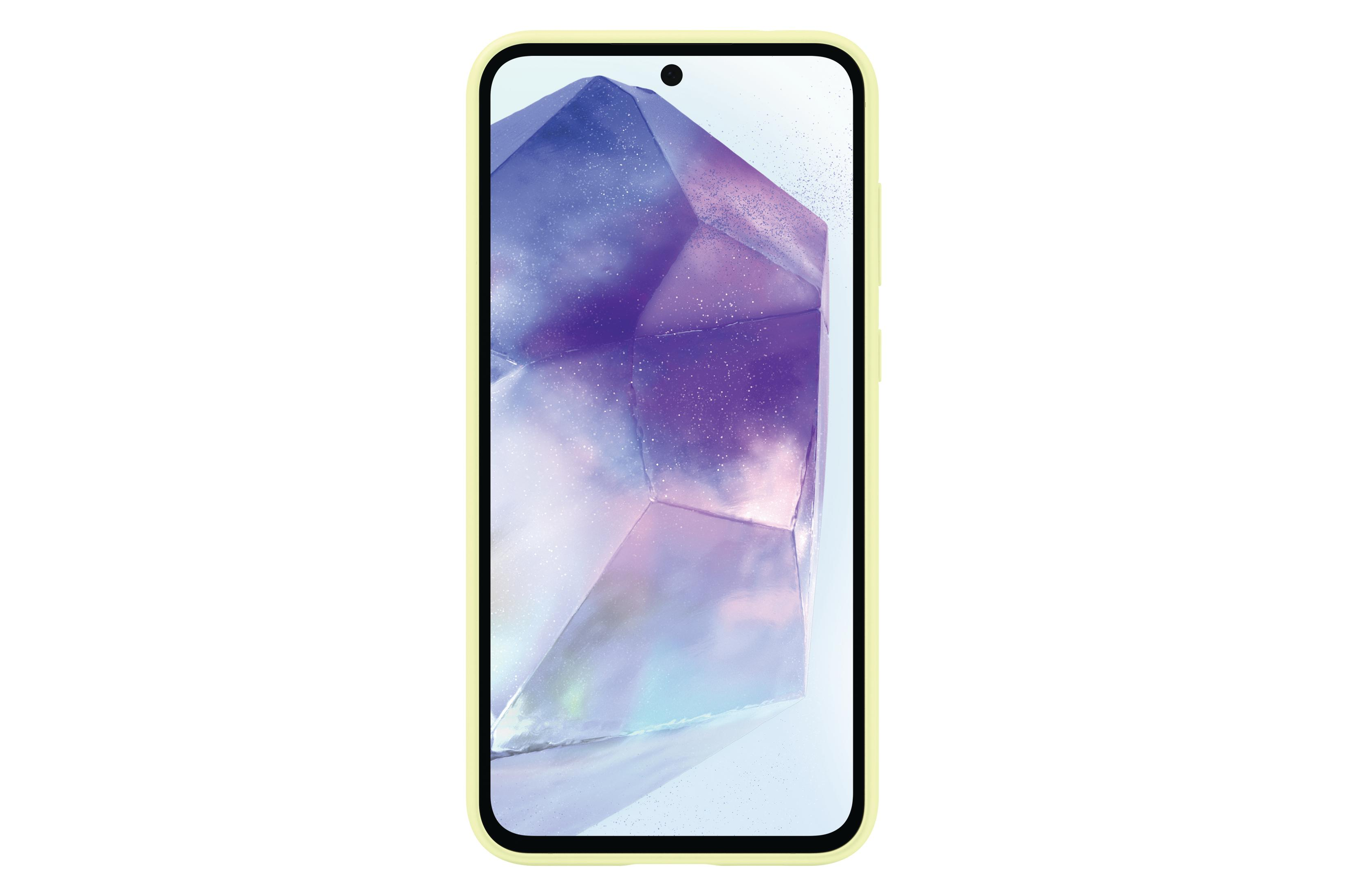 Smartphone mit gelbem Gehäuse und kristallartigem Bild auf dem Bildschirm.