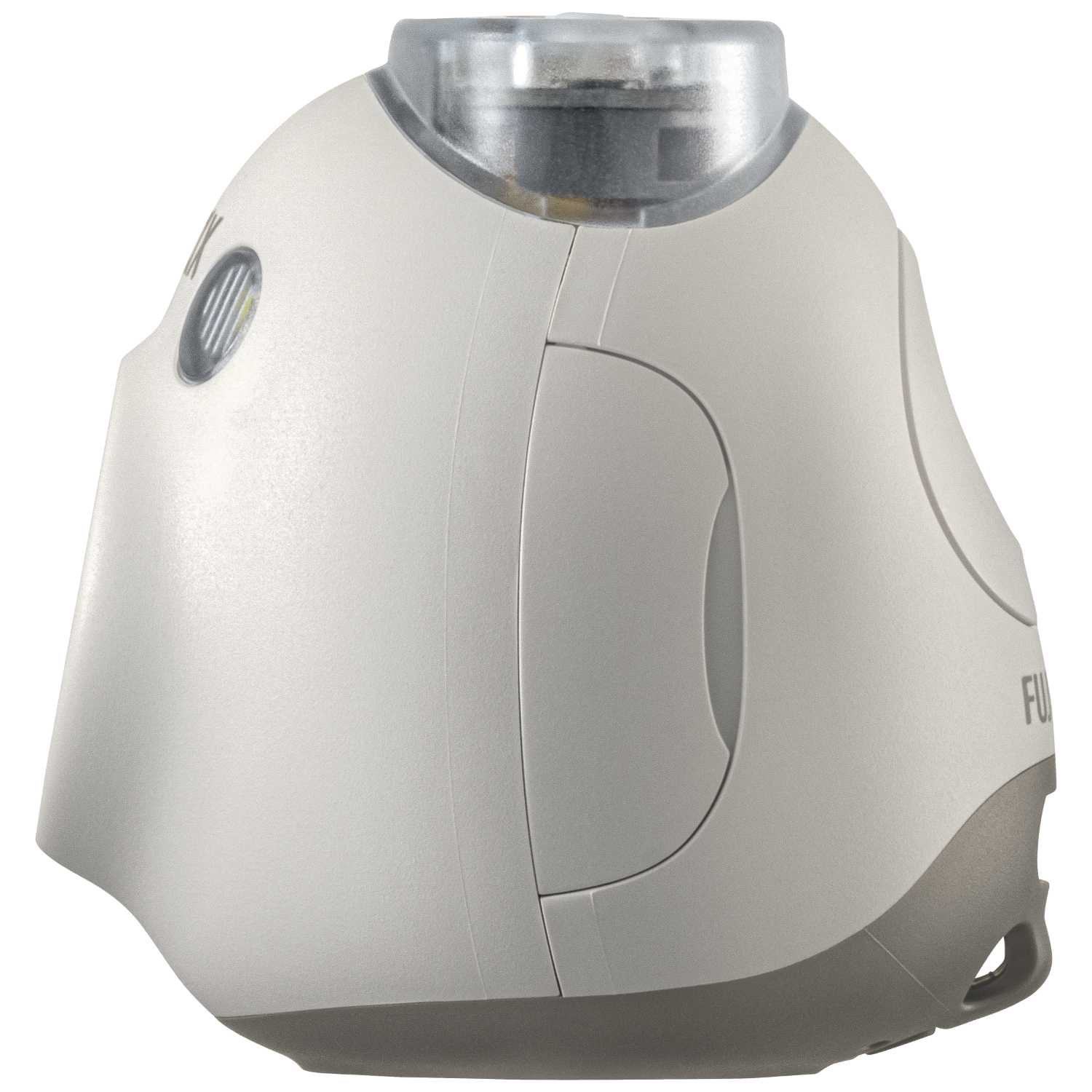 Biały aparat Fujifilm, widok z boku, szara podstawa, na czarnym tle.