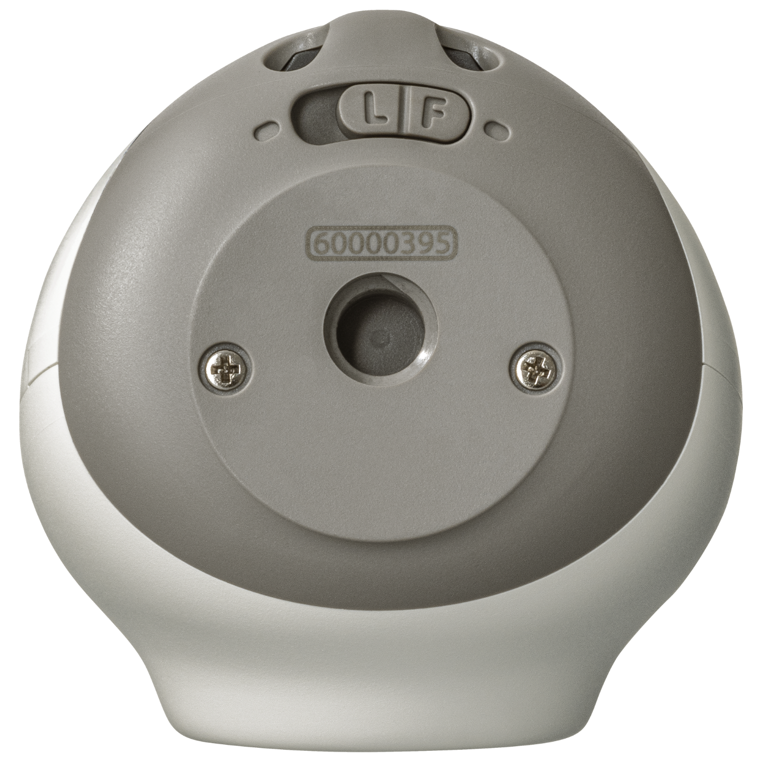 Szare i białe urządzenie z przyciskiem, otworem i dwiema śrubami.