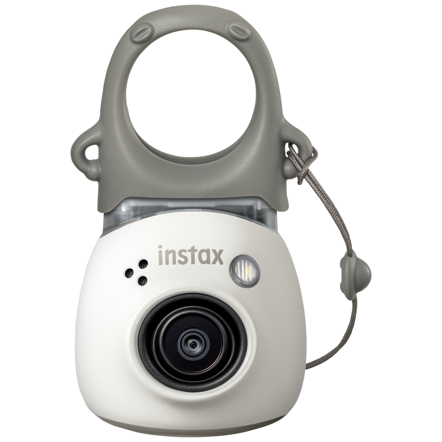 Biały aparat Instax z szarym uchwytem, obiektywem i lampą błyskową. Białe tło.