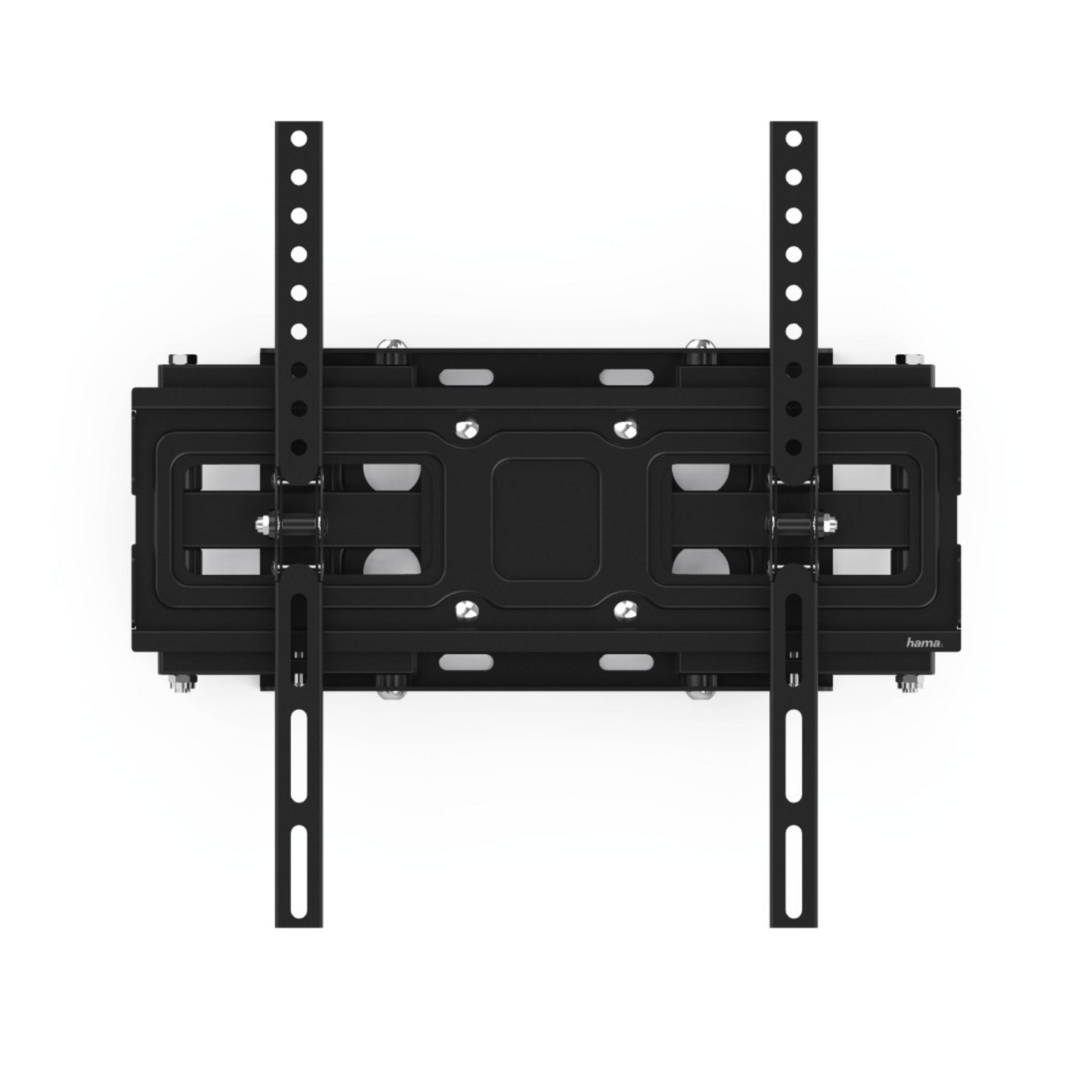 Soporte de pared para TV negro, con soportes y tornillos, sobre fondo blanco.