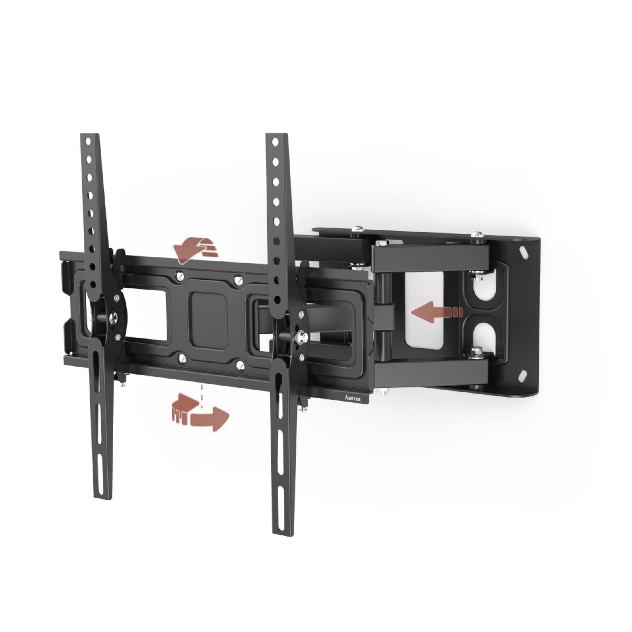 Un soporte de pared para TV negro, con flechas que indican movimiento.