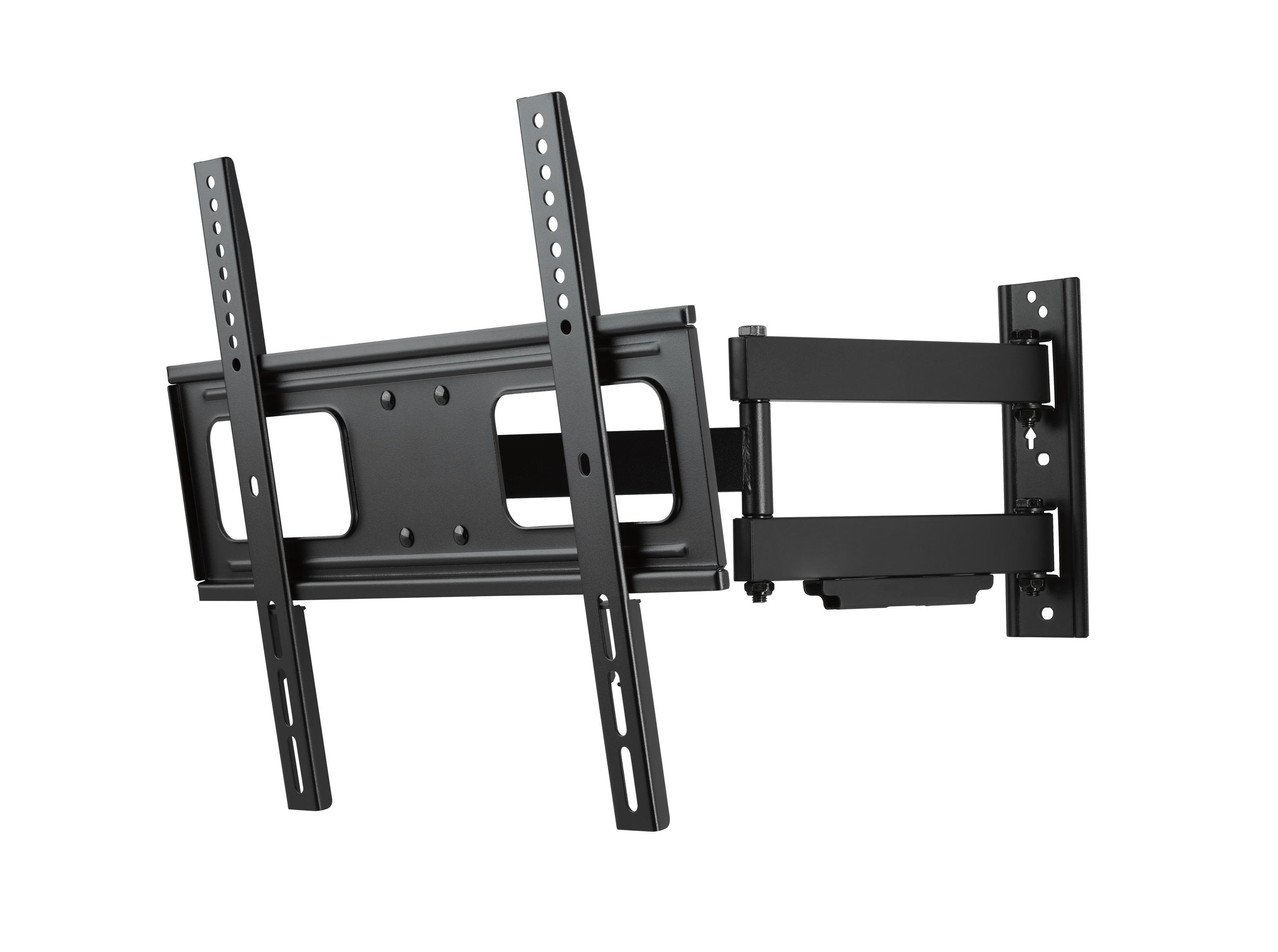 Black TV wall mount with multiple adjustable parts, isolated on a white background.