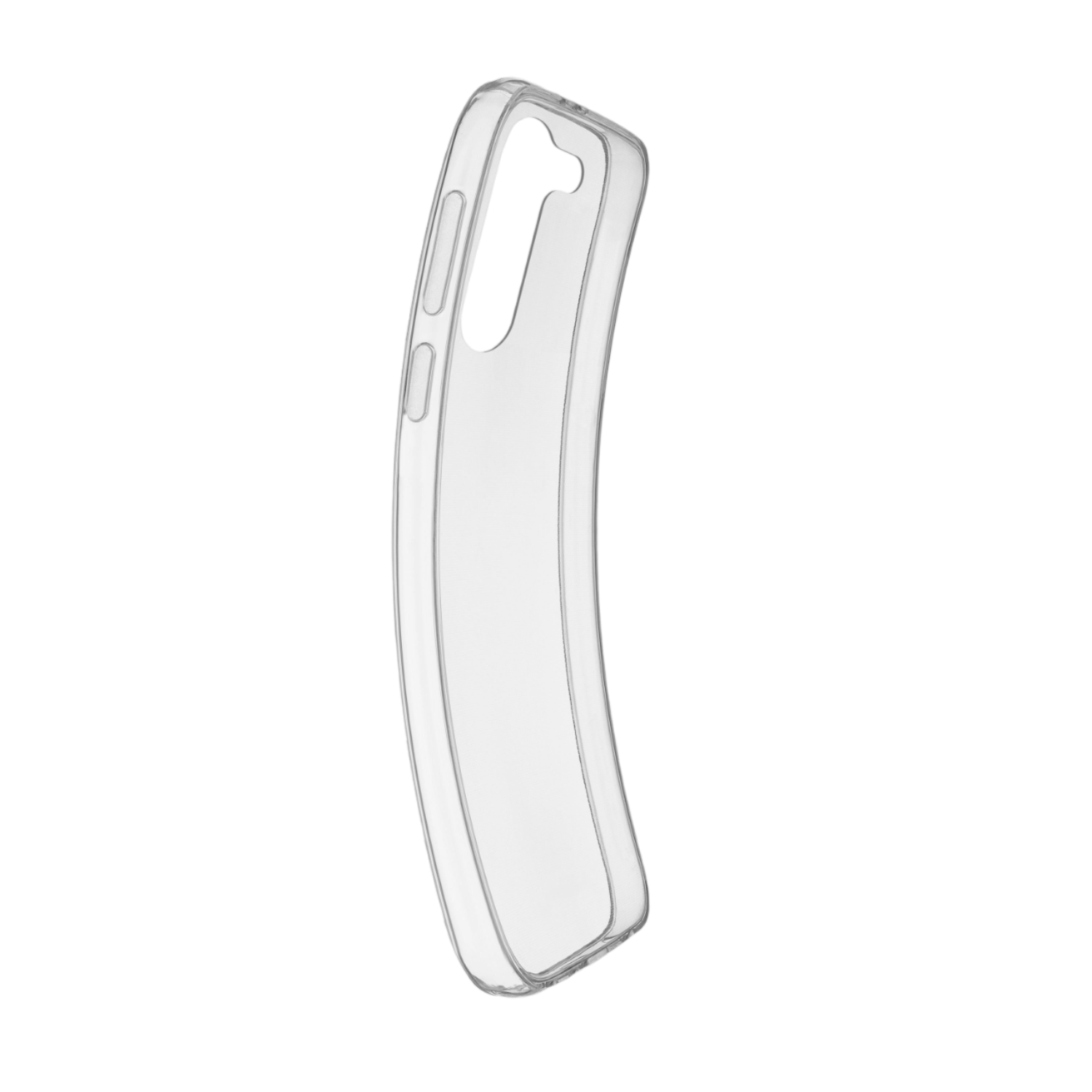 Eine transparente Handyhülle, gebogen und transparent, isoliert auf schwarzem Hintergrund.