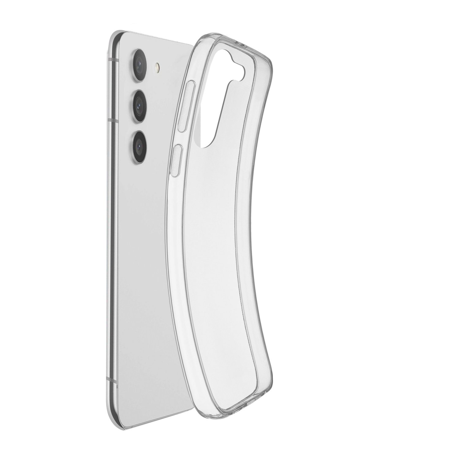 Eine transparente Handyhülle neben einem silbernen Telefon. Die Hülle ist durchsichtig.