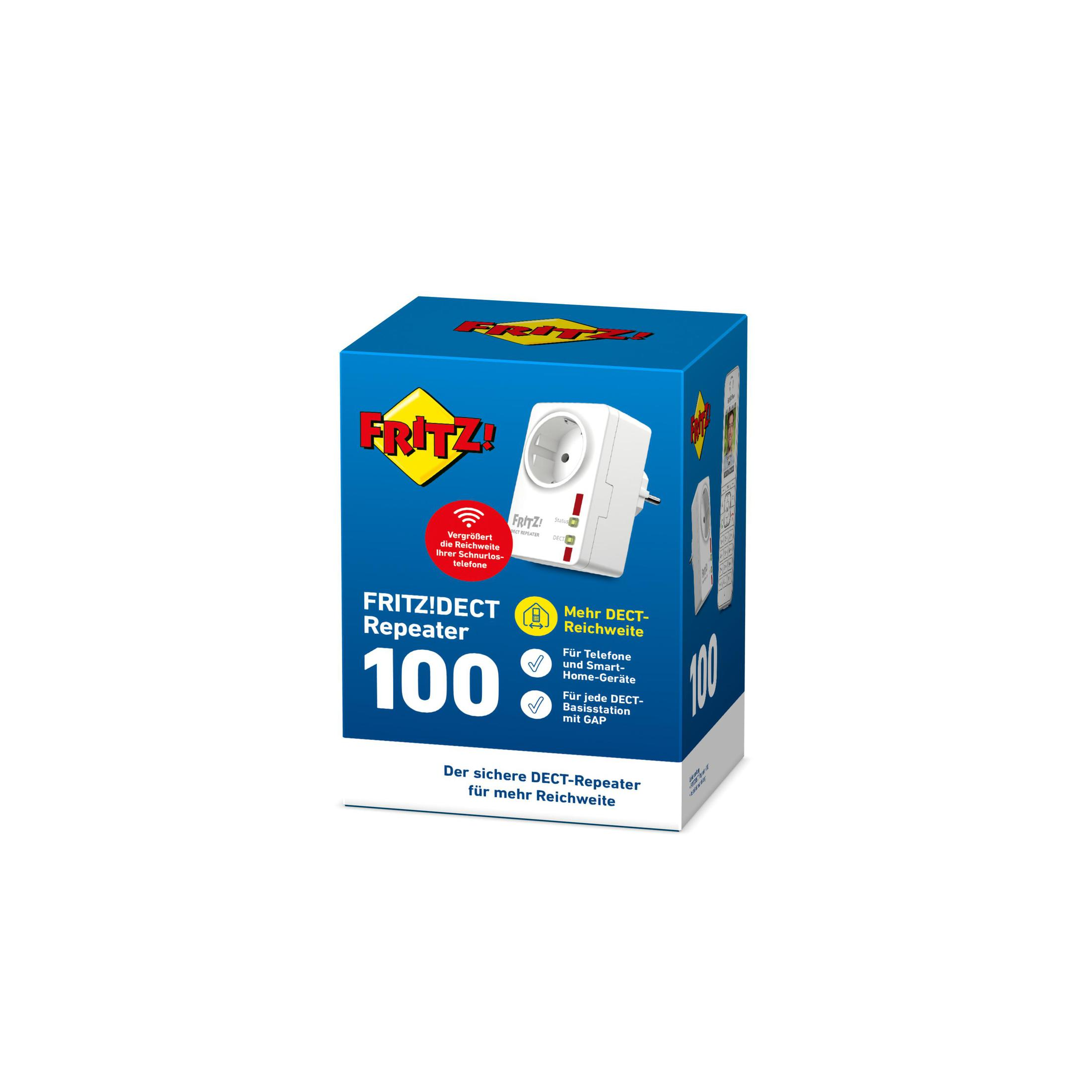Boîte FRITZ!DECT Repeater 100. Blanc et bleu, avec détails et logos du produit.