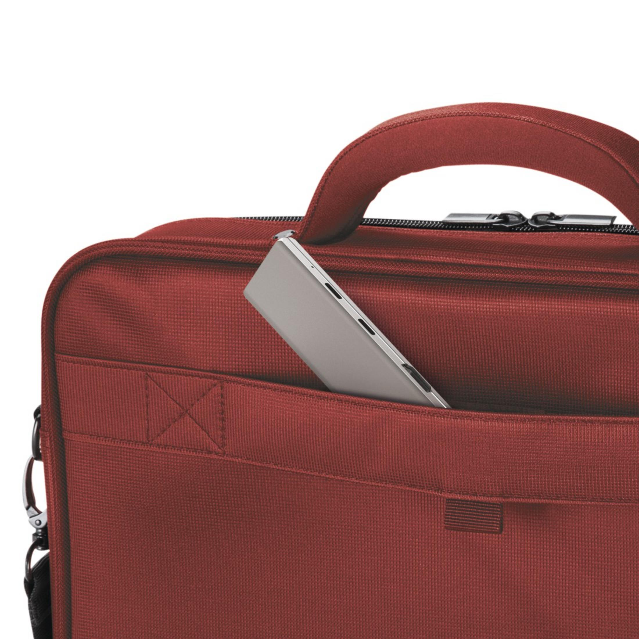 Eine rote Tasche mit einem Telefon in der Vordertasche.