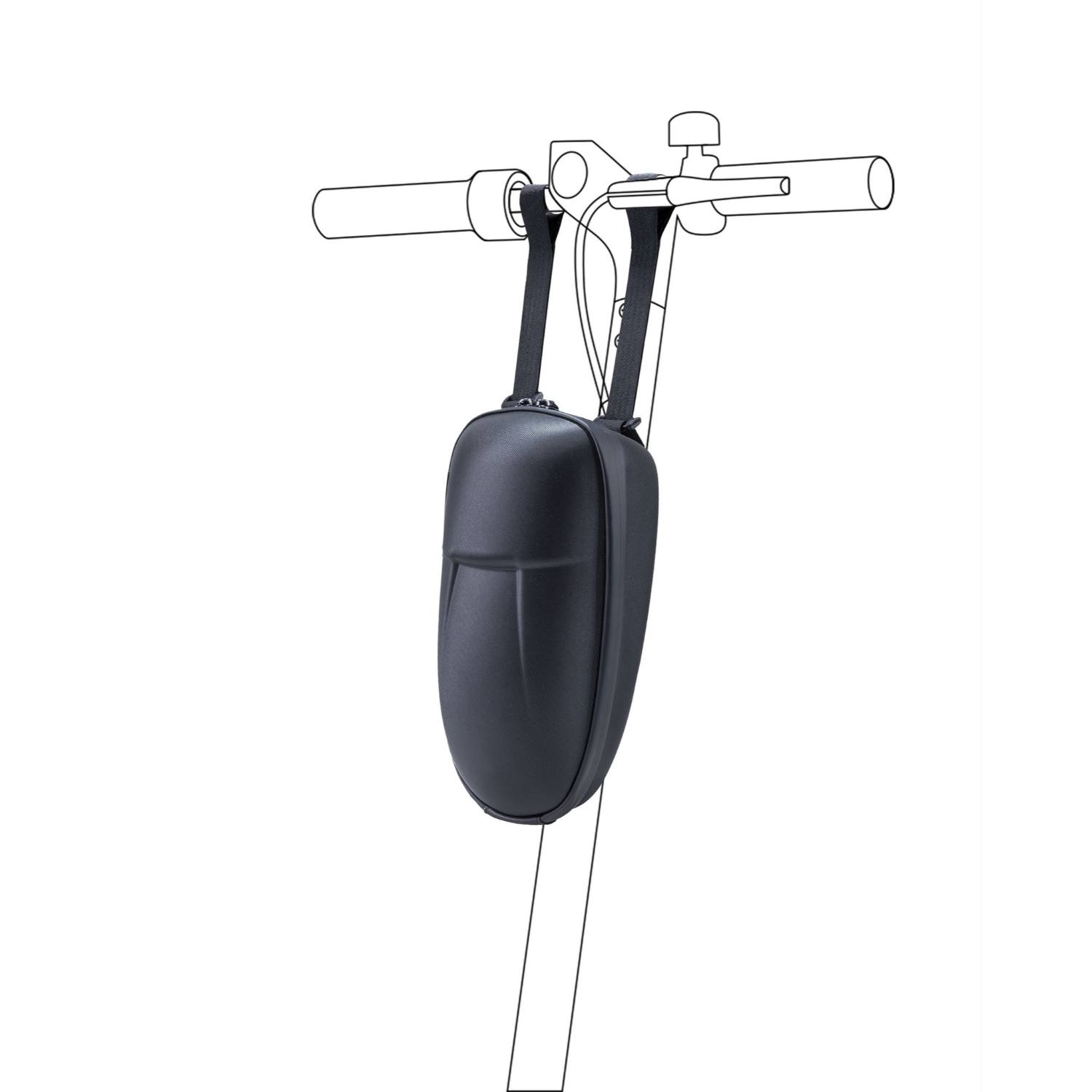 Schwarze Scootertasche am Lenker befestigt, vor weißem Hintergrund.