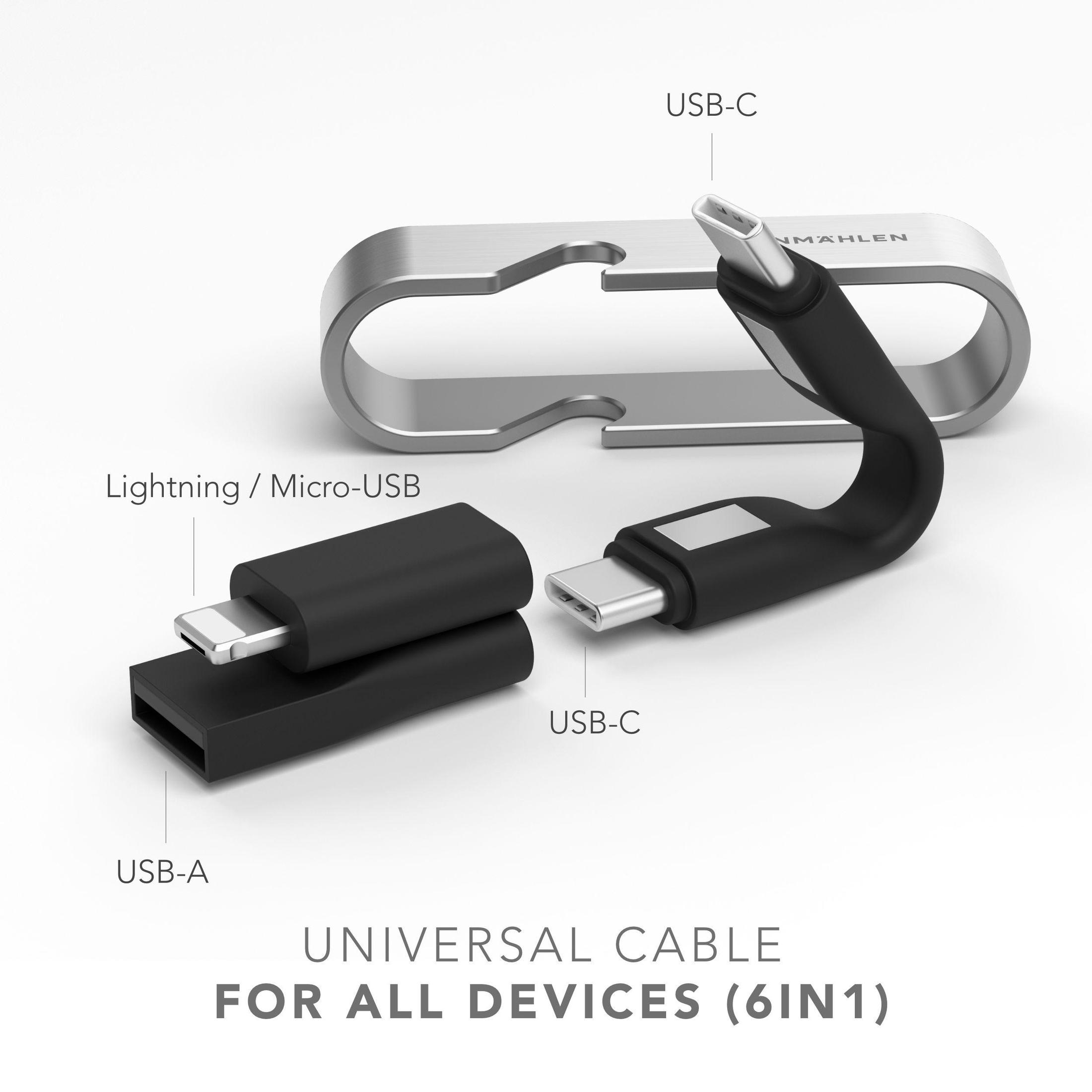 Ein Universalkabel mit mehreren Anschlüssen: USB-A, Lightning, Micro-USB und zwei USB-C-Anschlüssen.