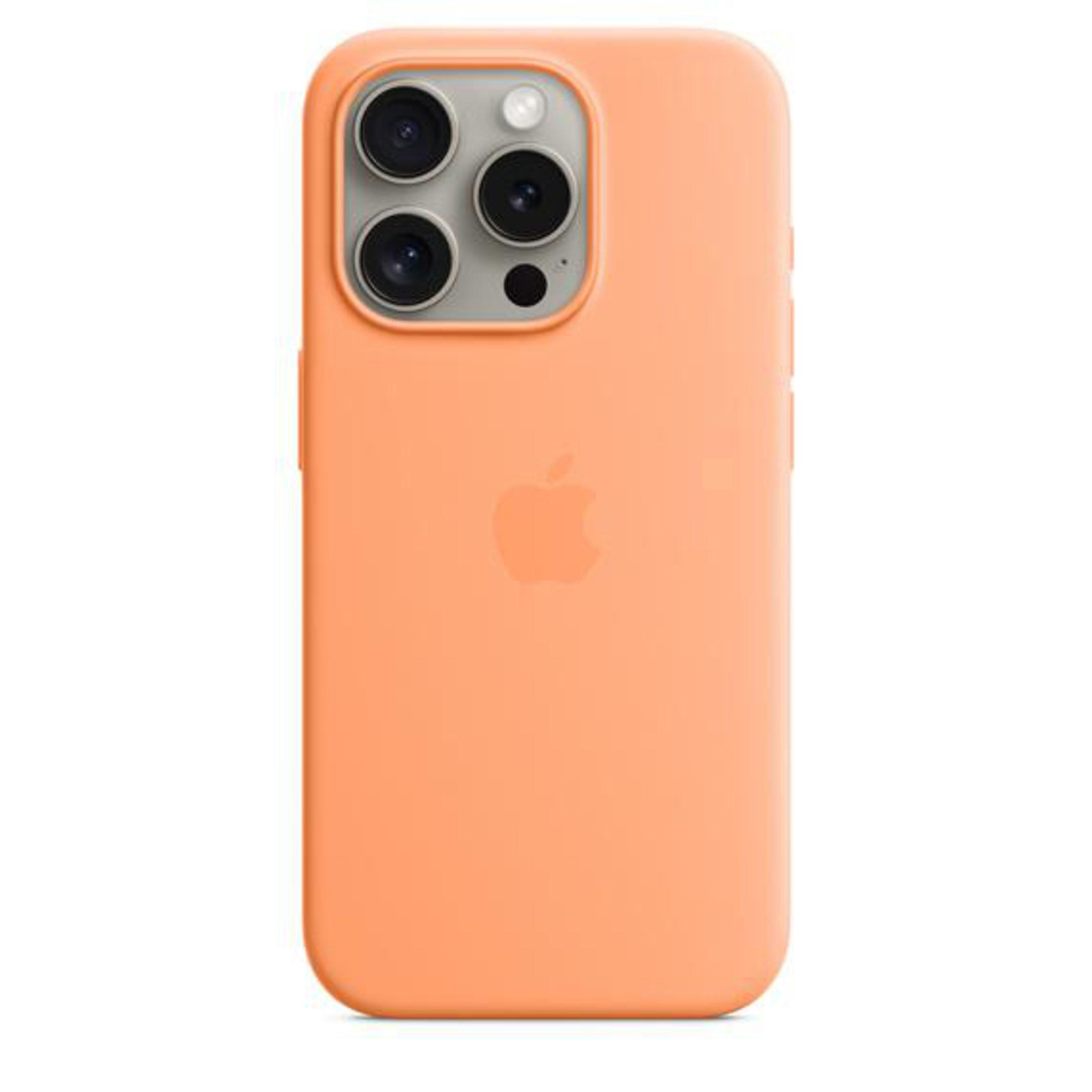 An orange iPhone case with three camera lenses and an Apple logo, on a white background.