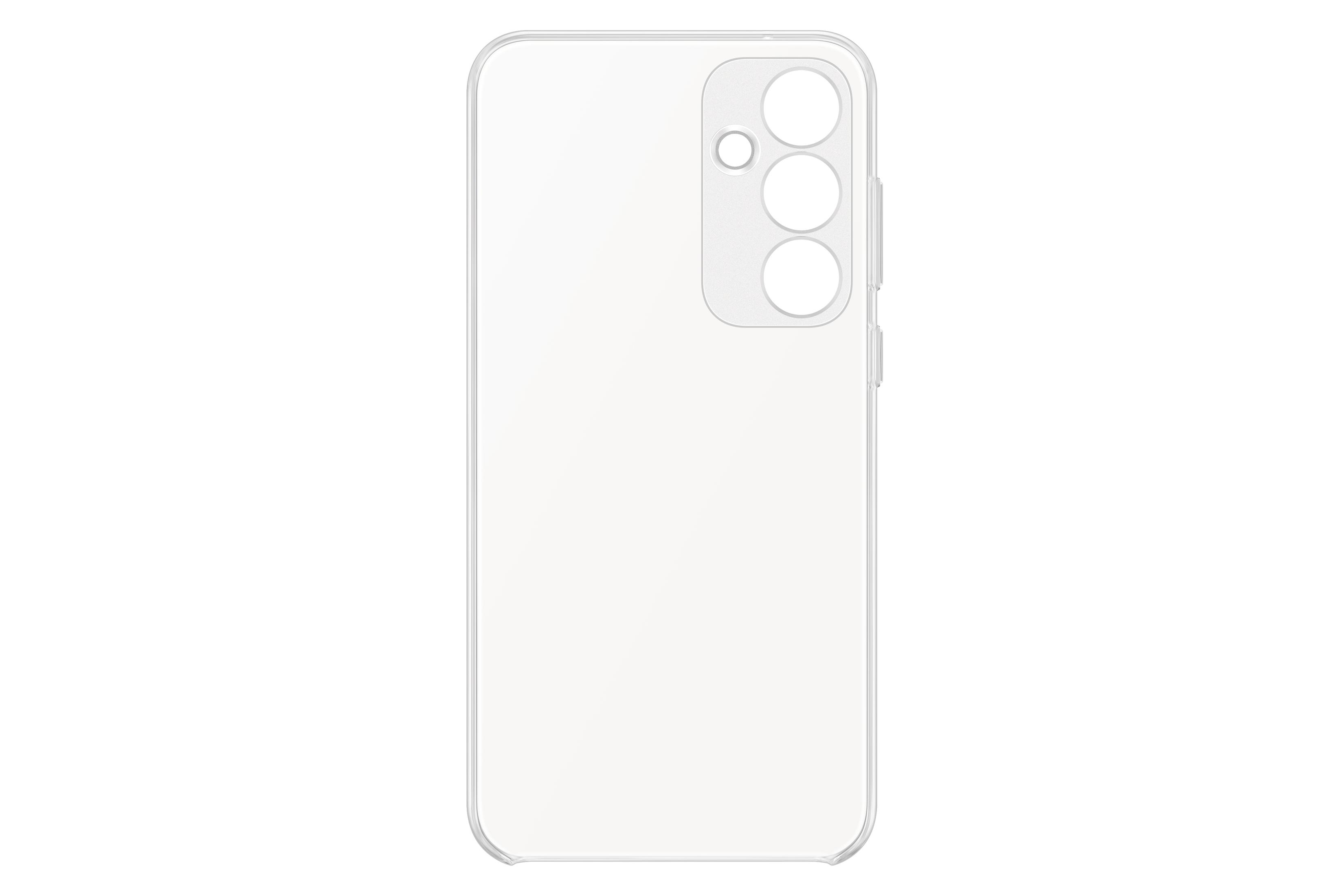 Funda transparente para teléfono, mostrando los recortes de la cámara, sobre un fondo blanco.