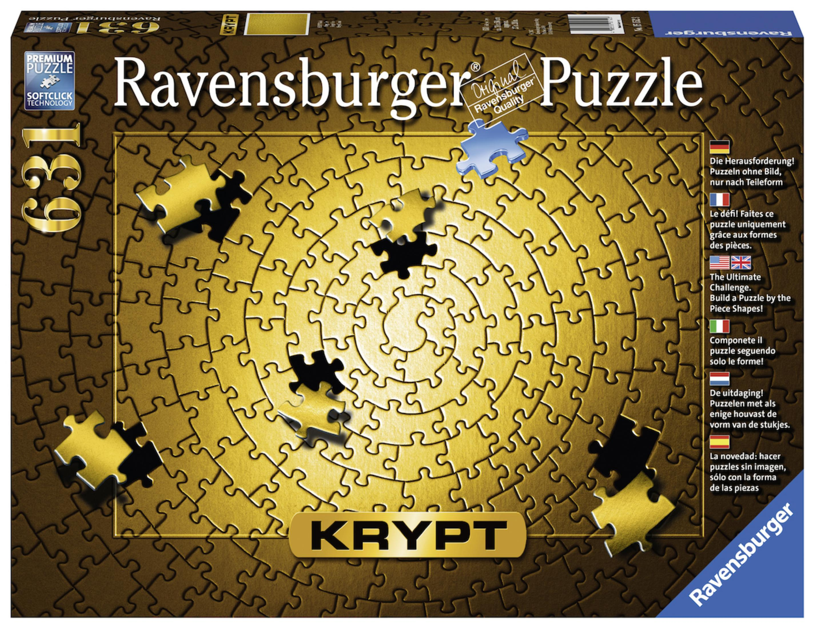 Eine Ravensburger Puzzle-Box mit einem fertigen Puzzle, goldenen und schwarzen Teilen.