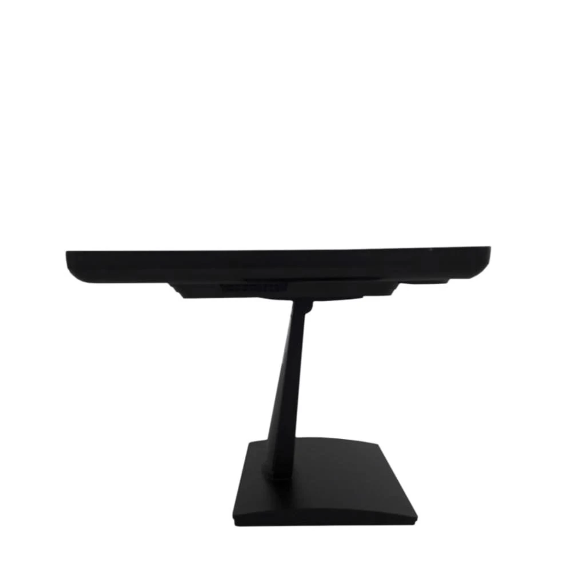 Soporte negro para monitor. Tiene una parte superior ancha y plana y una base en forma de T.