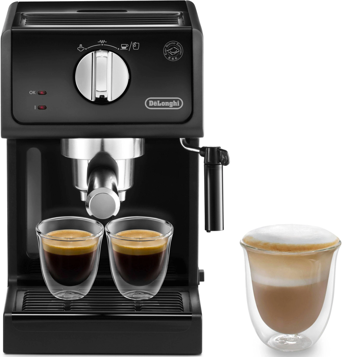 Czarny ekspres do kawy z dwoma szklankami kawy i cappuccino.