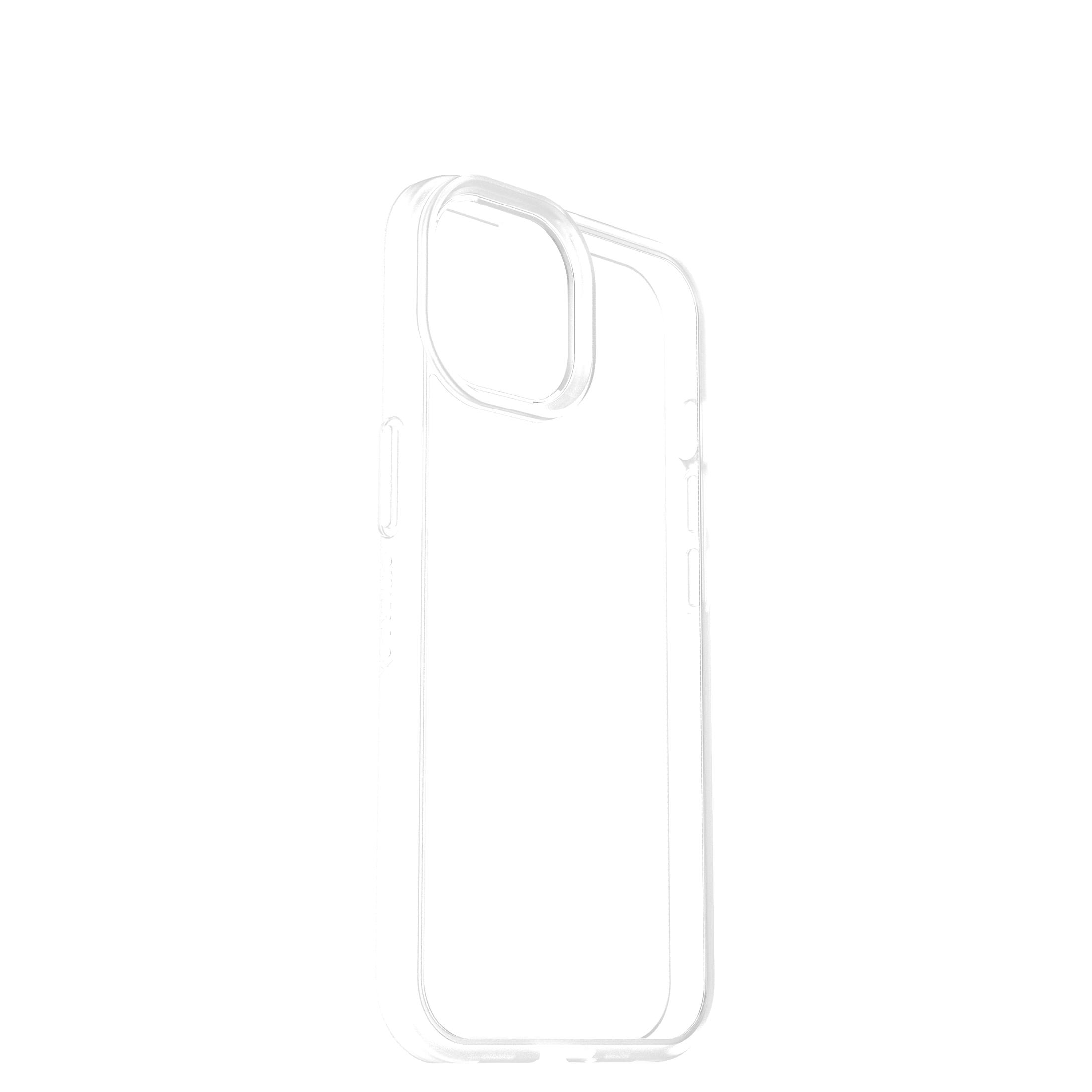 A clear phone case, slightly angled, on a white background.