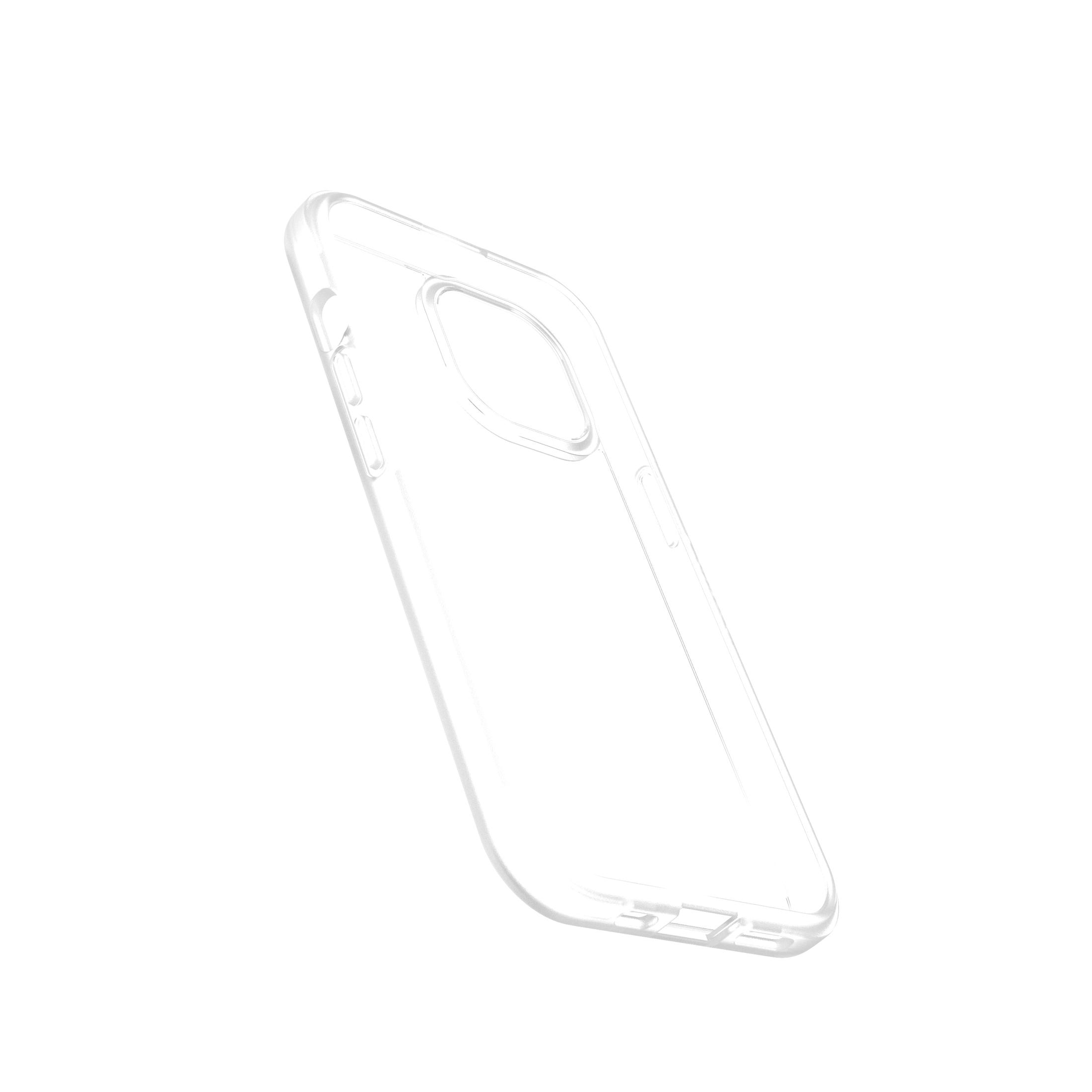 A clear, transparent phone case, angled slightly, against a white background.