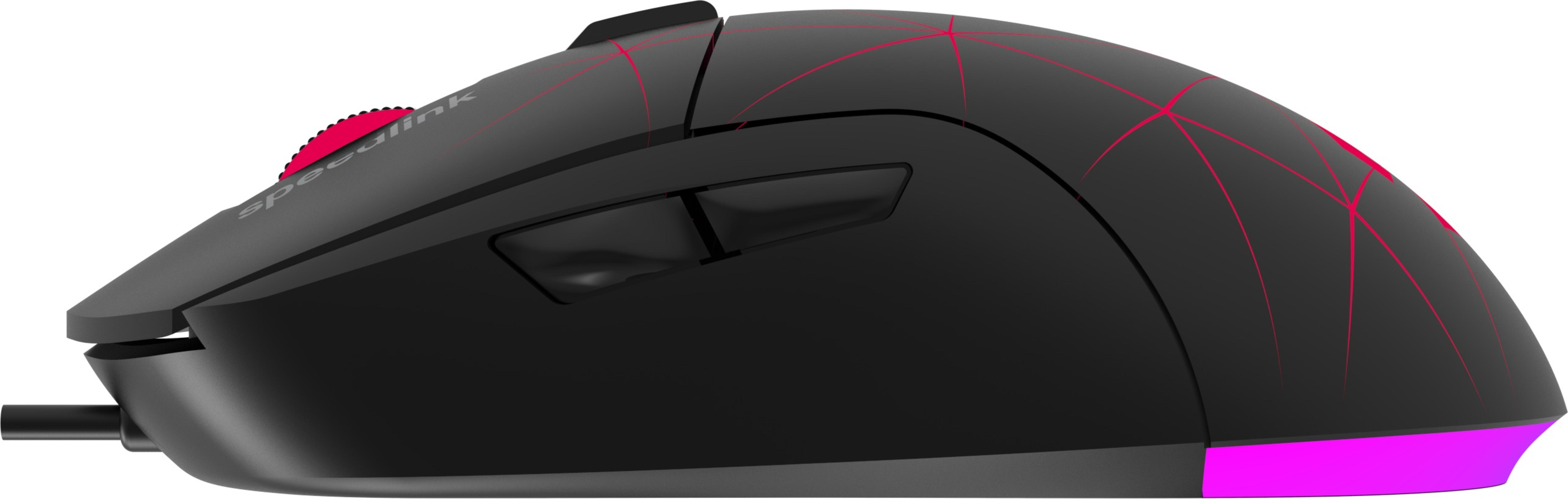 A black computer mouse with red accents and a scroll wheel. The mouse has a sleek design.