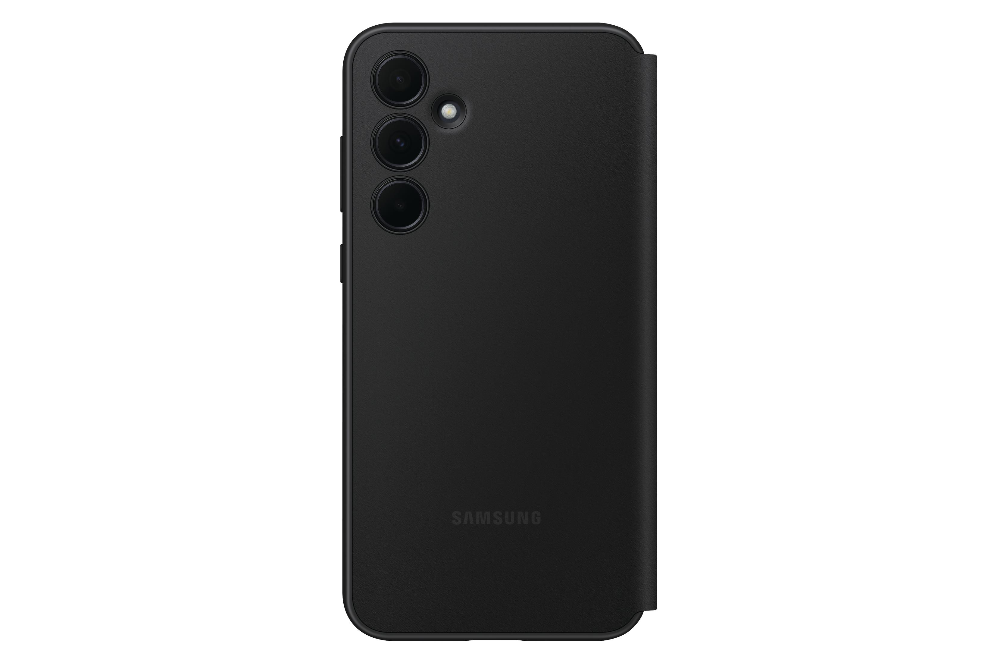 Schwarze Handyhülle mit drei Kameralinsen. Samsung-Logo ist sichtbar. Die Hülle ist geschlossen.