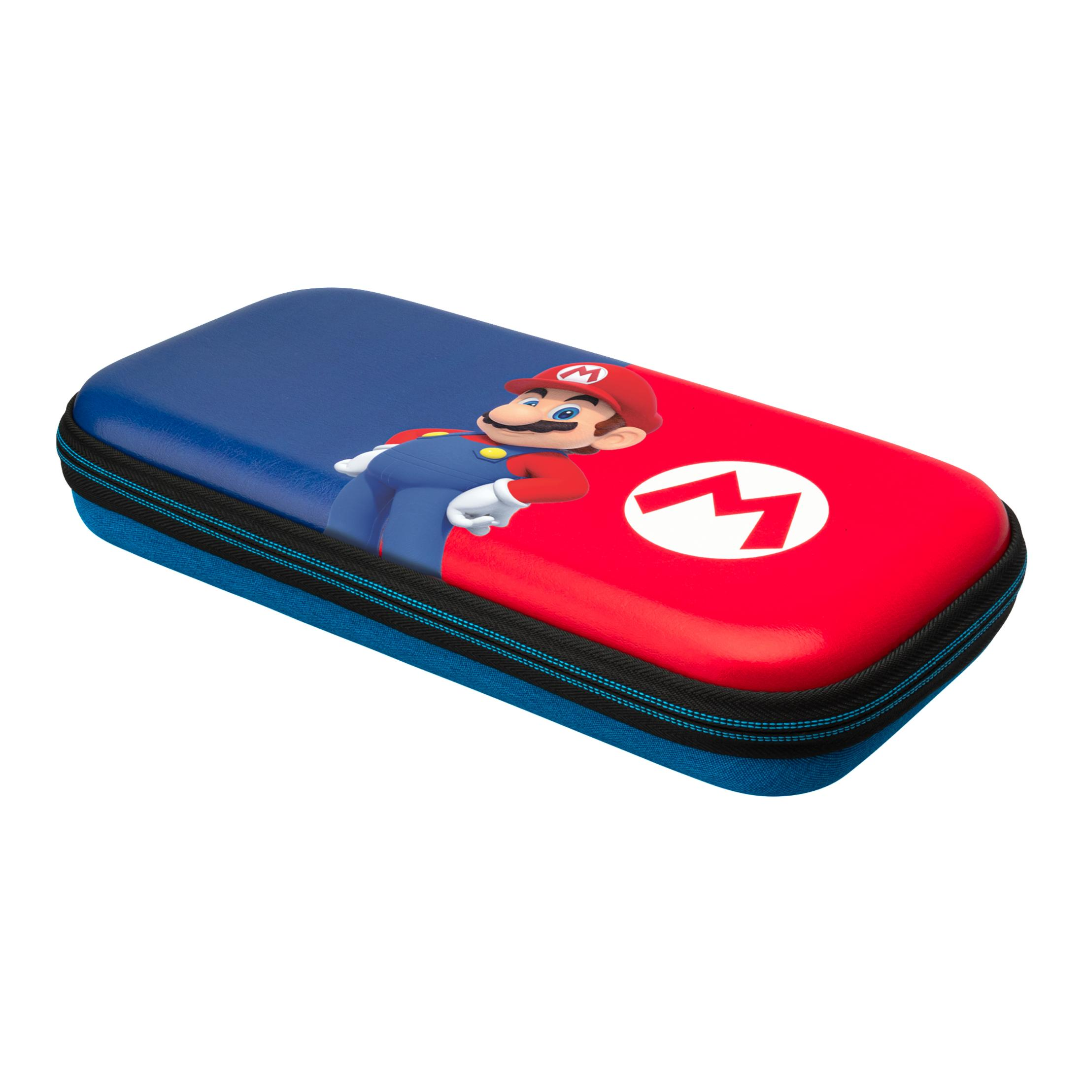Etui na Nintendo Switch z Mario z przodu. Kolory czerwony i niebieski, z zamkiem błyskawicznym.