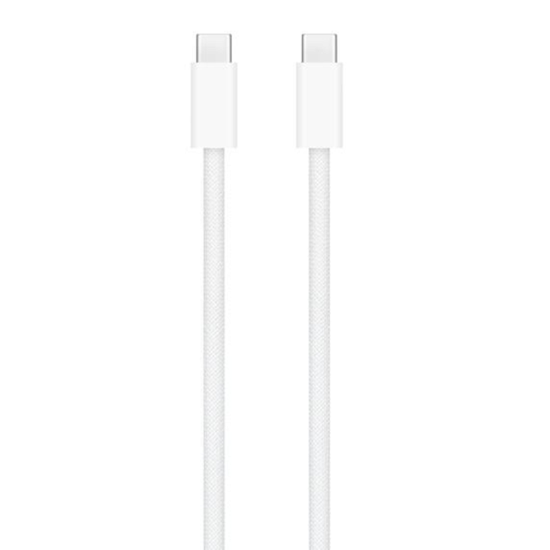Twee witte USB-C kabels naast elkaar, tegen een witte achtergrond. Elke kabel heeft een witte connector.