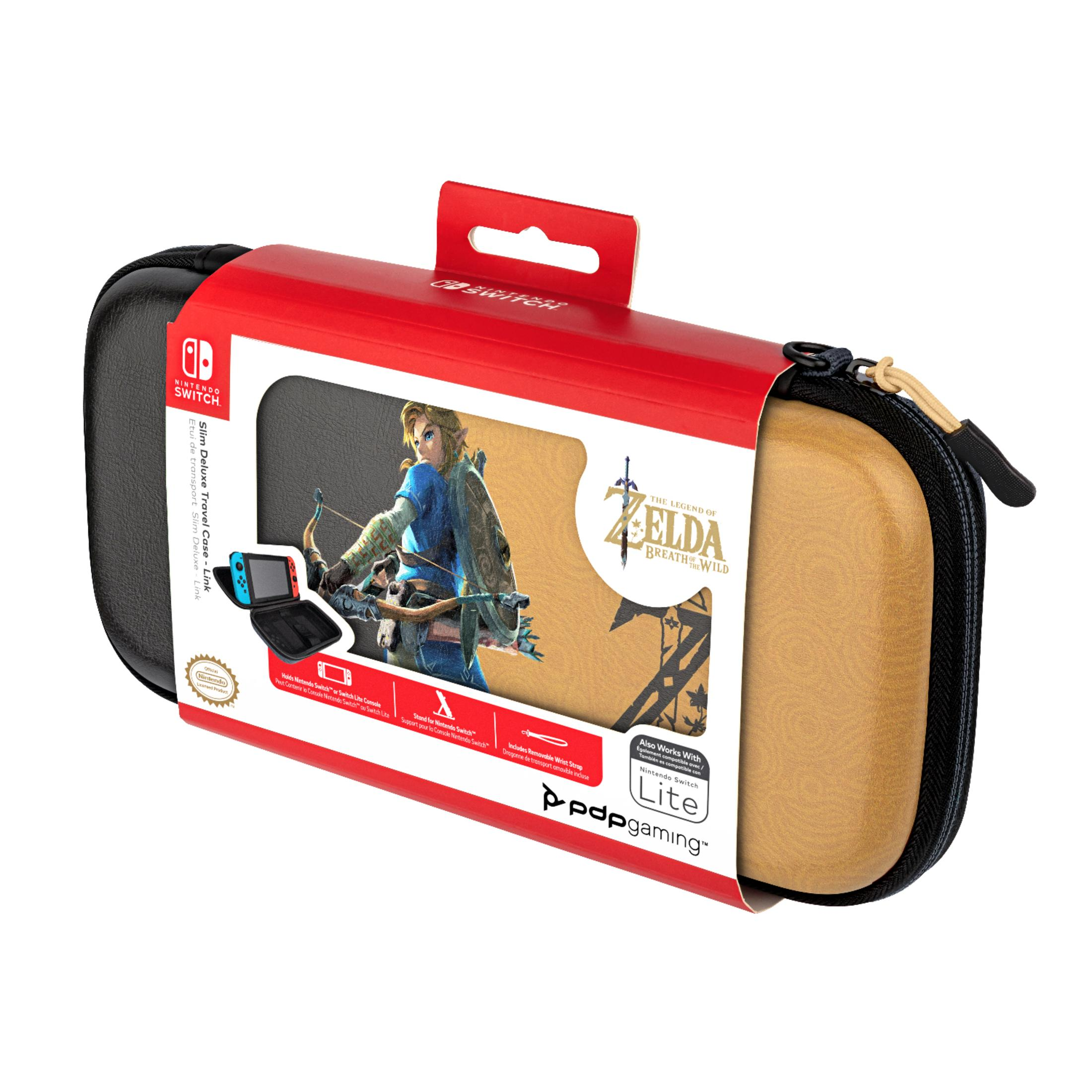 Etui na Nintendo Switch z Linkiem z Zeldy, w pudełku. Czarne i brązowe kolory.