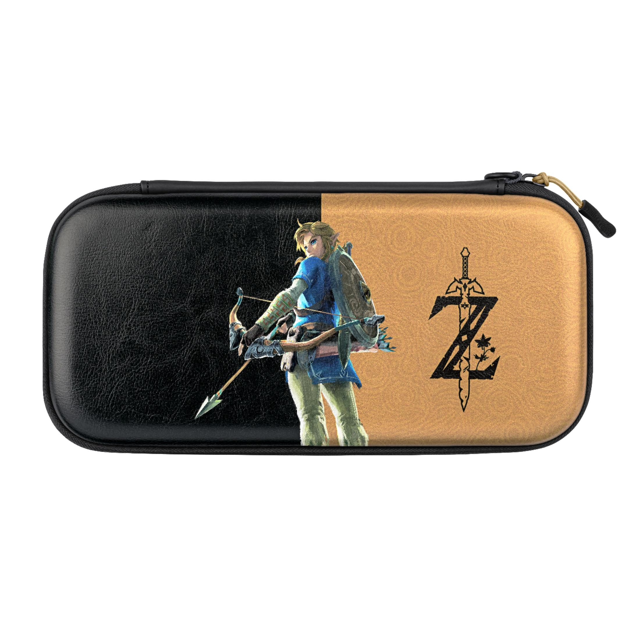 Czarno-złote etui Legend of Zelda Switch, z ilustracją Linka i logo Zeldy.