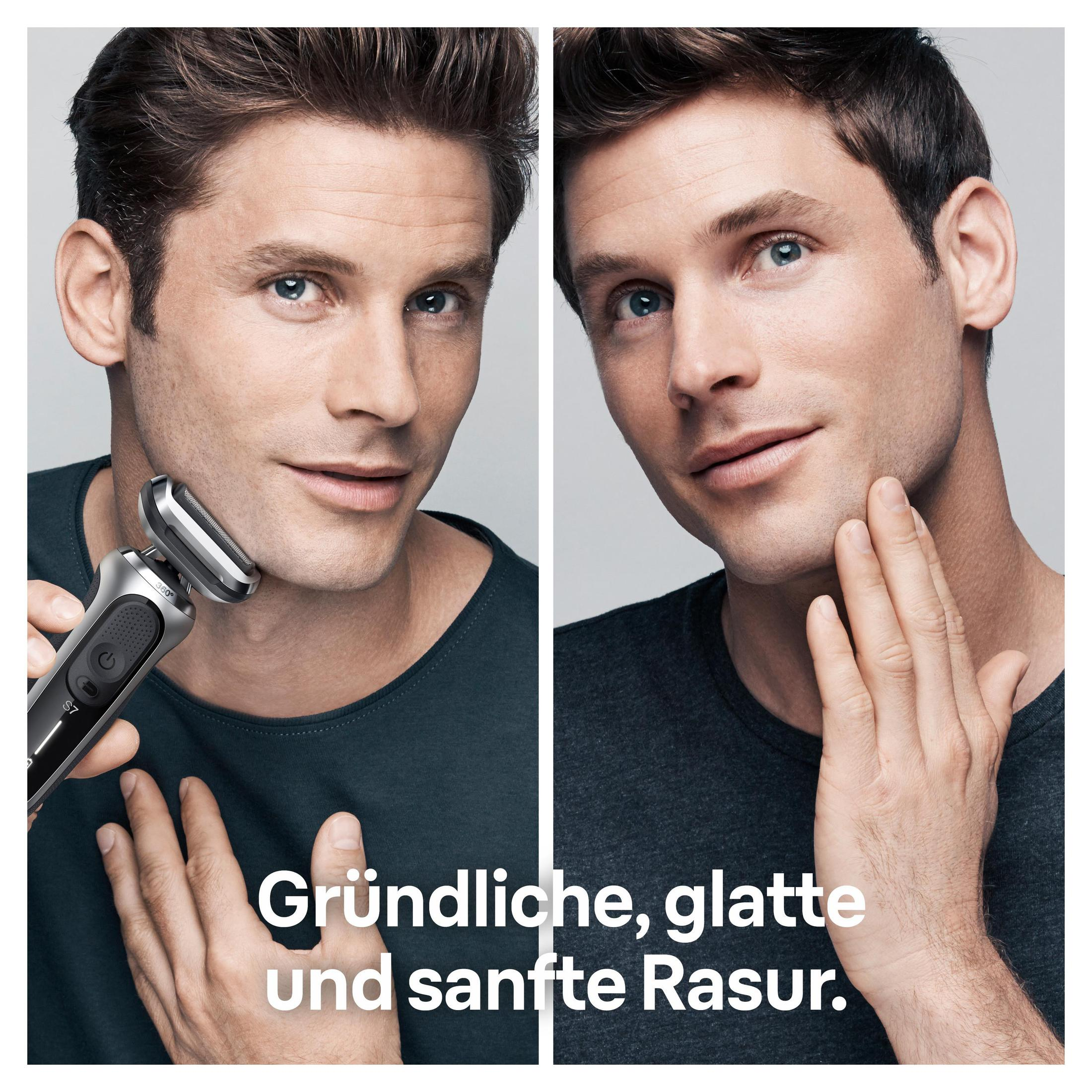 Dwa zdjęcia mężczyzny golącego się golarką Braun. Drugie zdjęcie pokazuje jego gładką twarz.