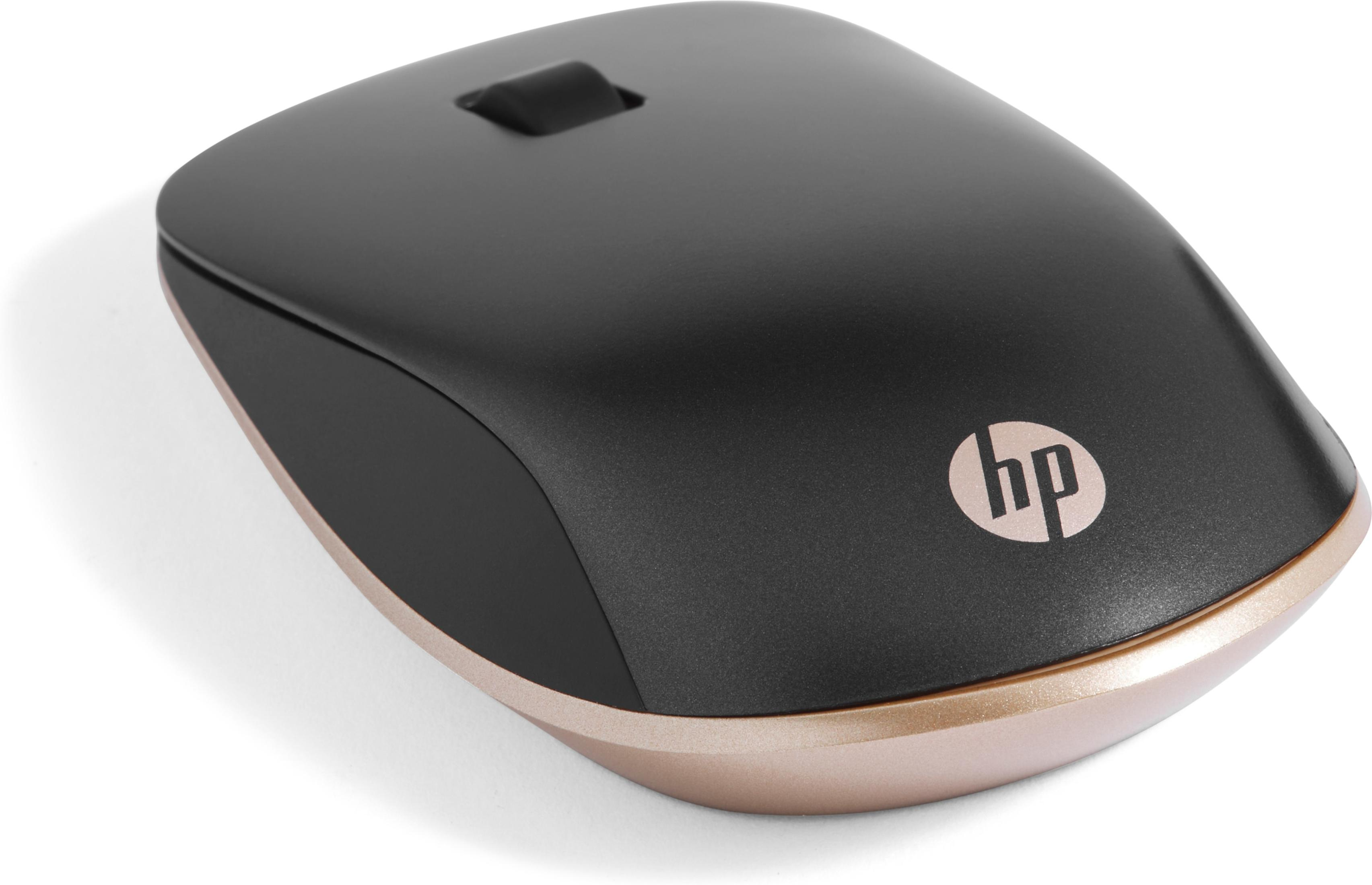 Schwarze und goldene kabellose HP-Maus auf weißer Oberfläche.