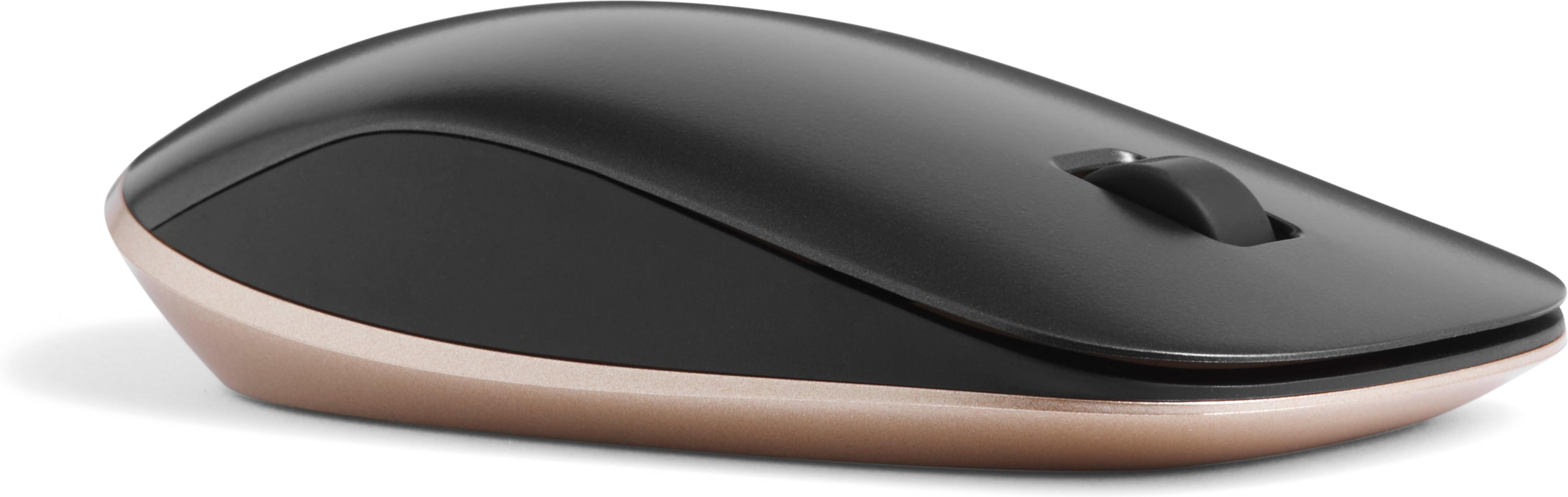 Eine schwarze und goldene Computermaus. Sie hat ein Scrollrad und ein schlankes Design.