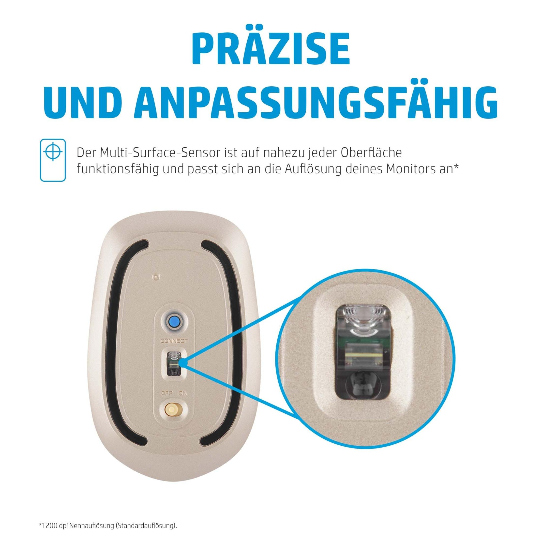 Eine Computermaus mit hellbeigem Oberteil und kreisförmigem Fokus-Zoom. Ein Anschluss wird gezeigt.