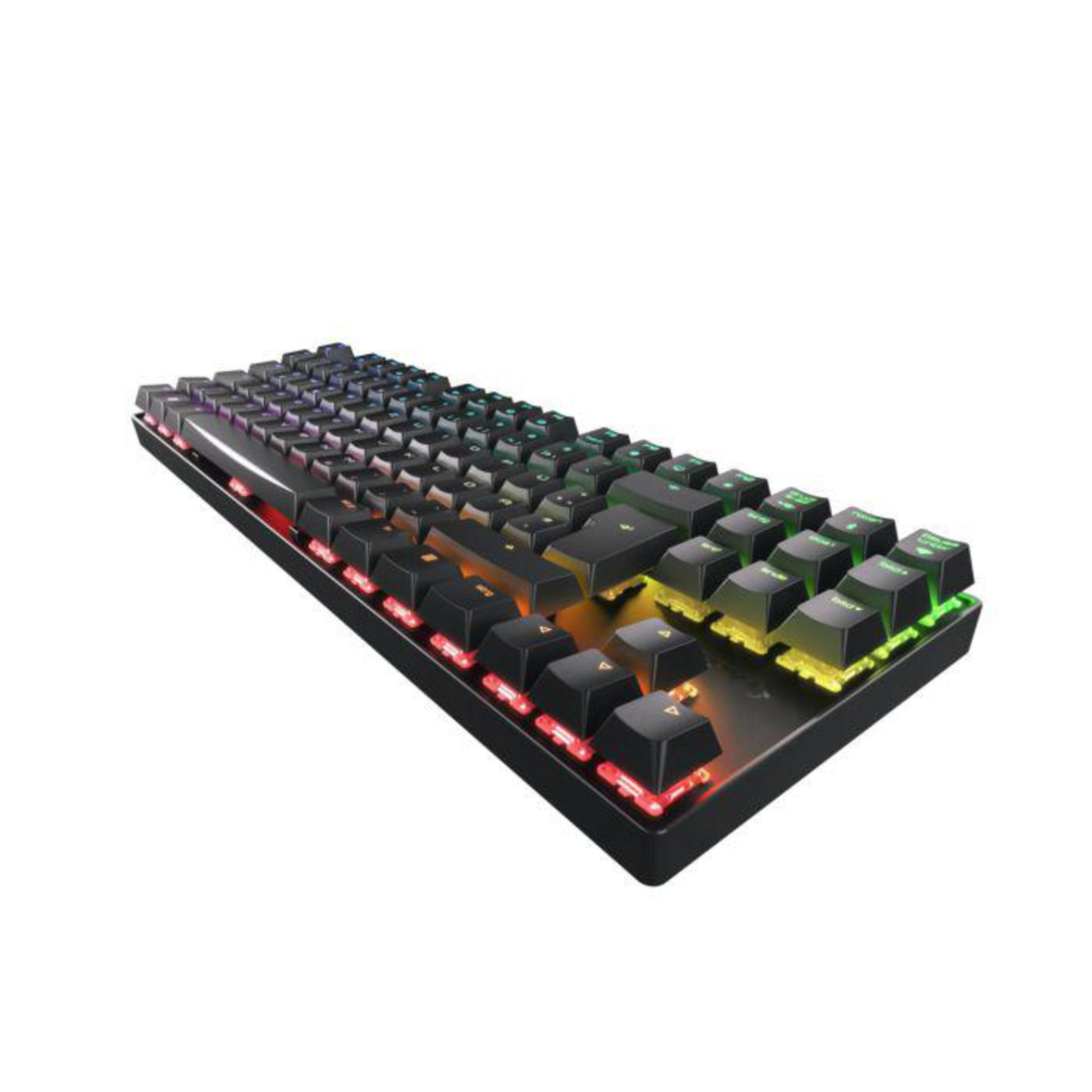Black keyboard with colorful backlit keys, angled view.