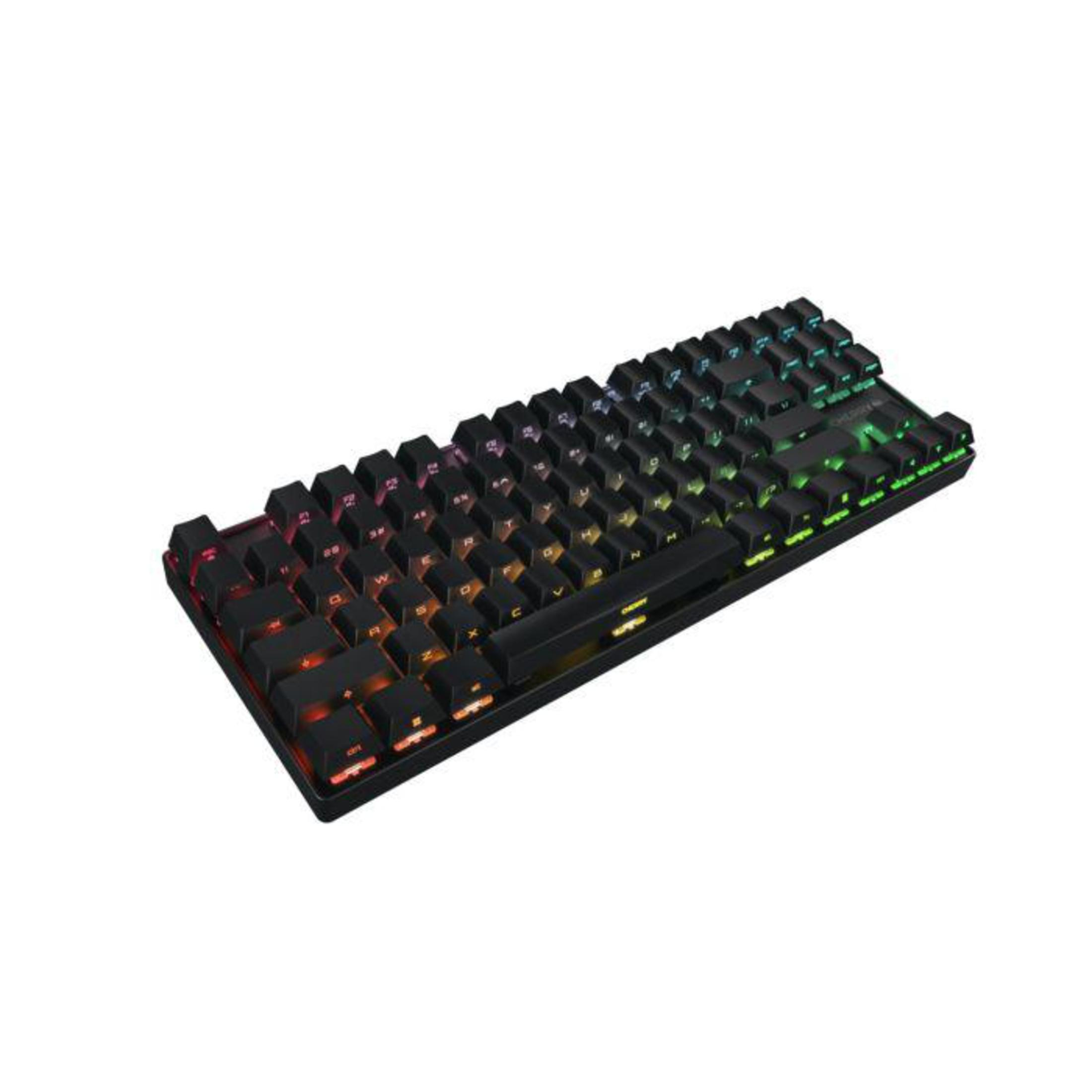 Black mechanical keyboard with colorful, backlit keys, on a white background.