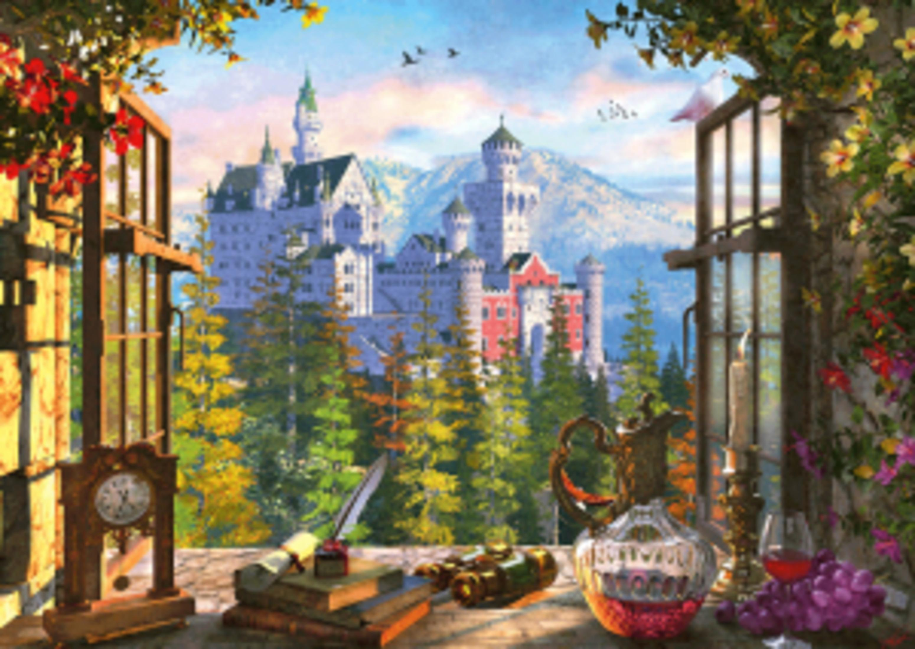Vista a través de una ventana de un castillo en las montañas, con flores y decoración en el alféizar.
