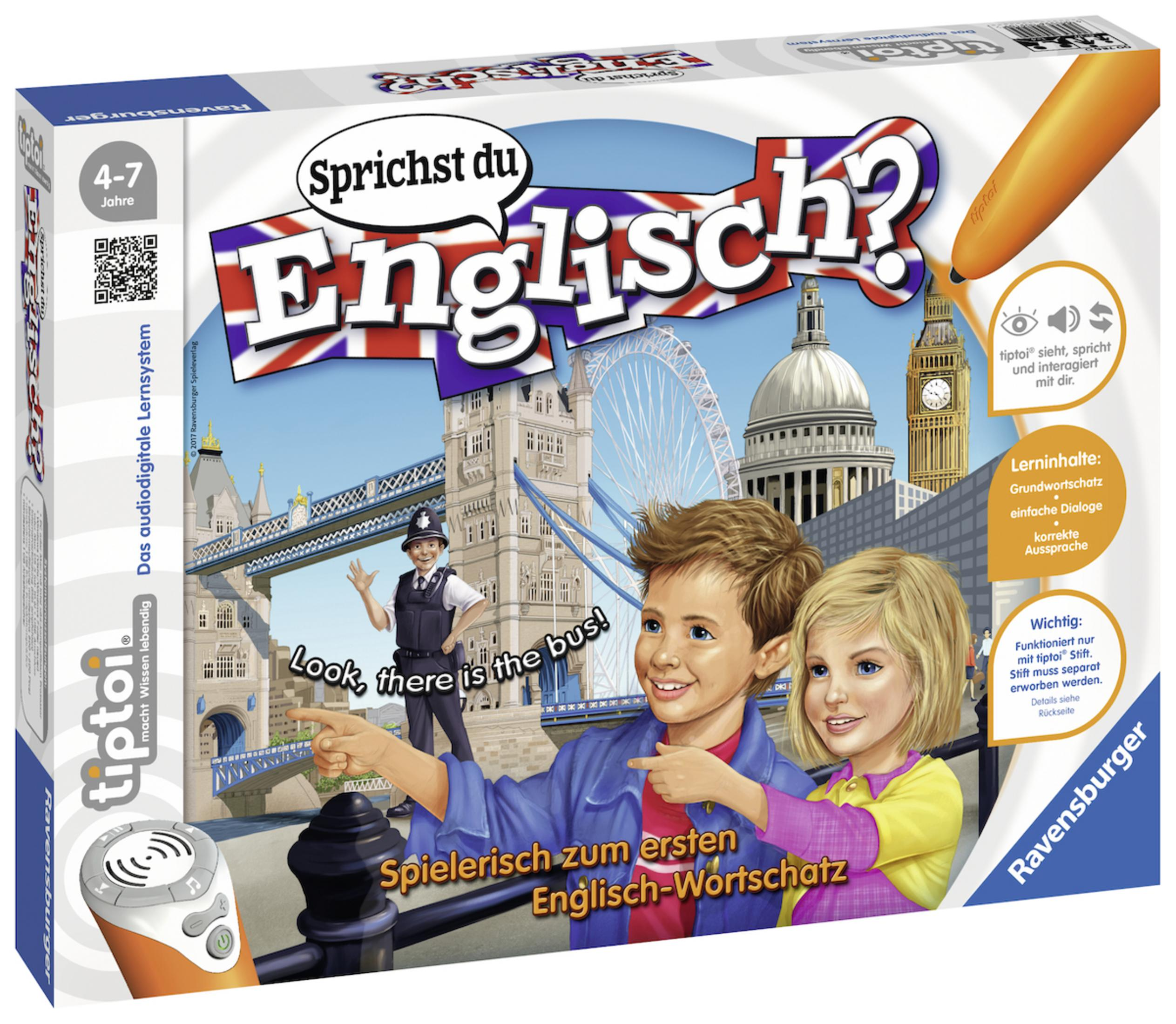 Pudełko z grą dla dzieci z kreskówkową sceną i tytułem „Sprichst du Englisch?”