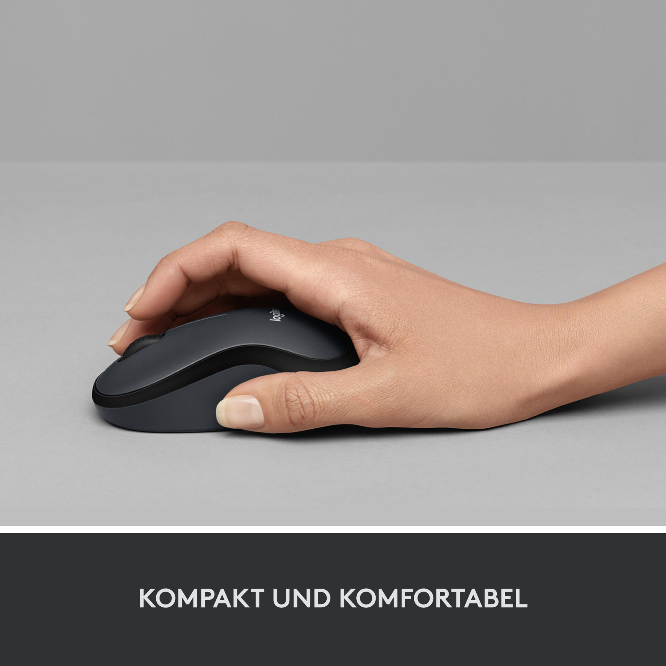 A hand using a black mouse on a grey surface.