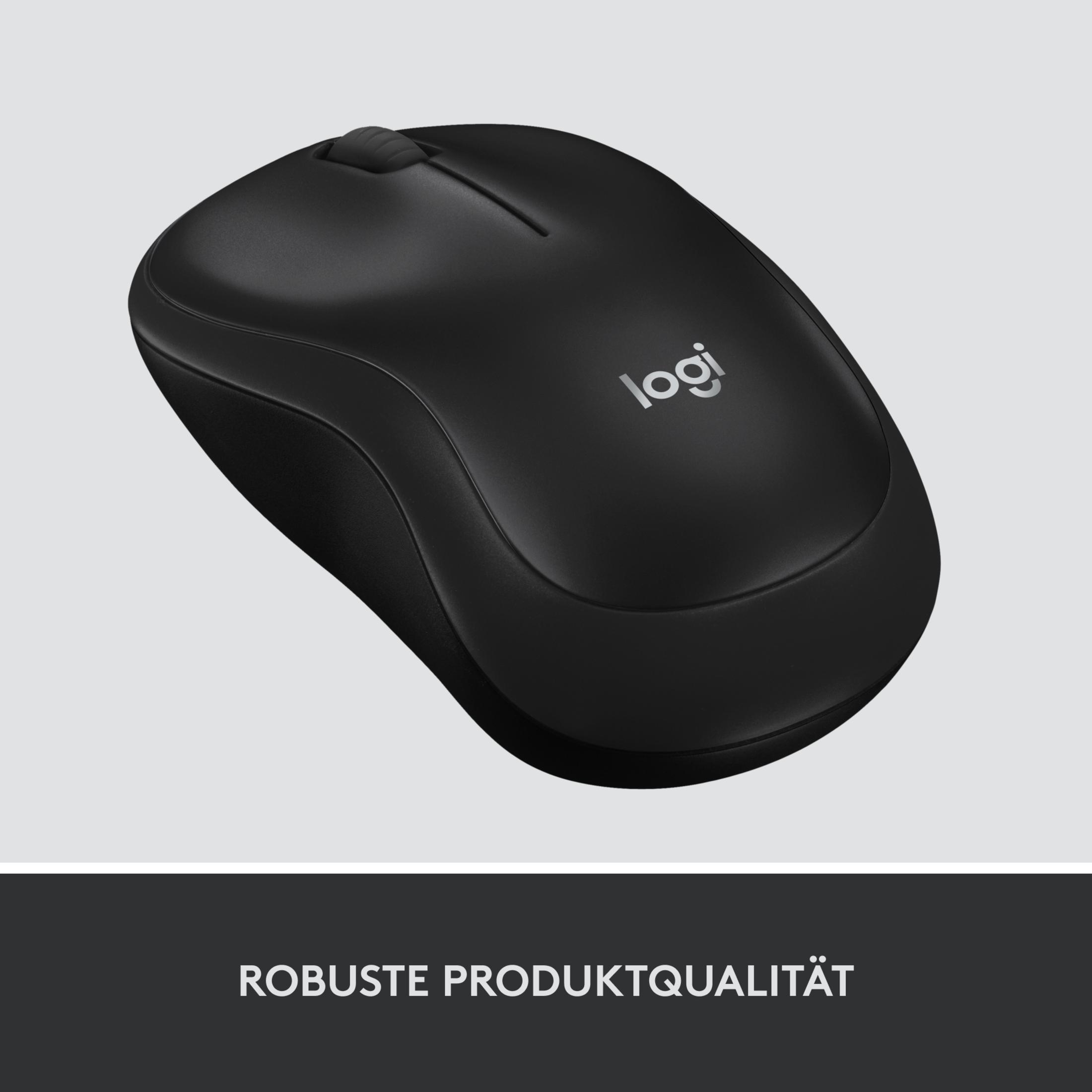 Black Logitech wireless mouse. The top is black, with the Logitech logo, on a white background.