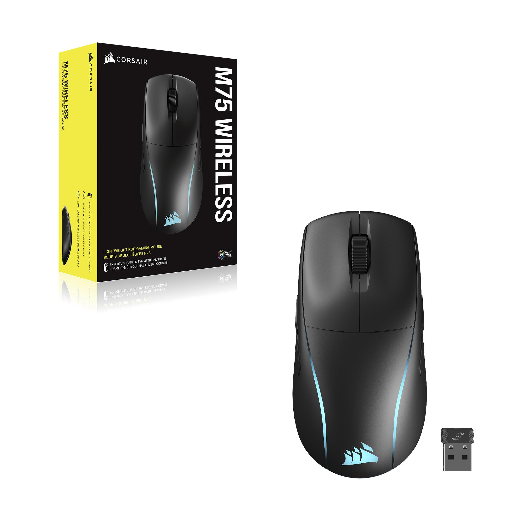 Mysz gamingowa Corsair M75 Wireless, czarna z niebieskimi akcentami, i pudełko.