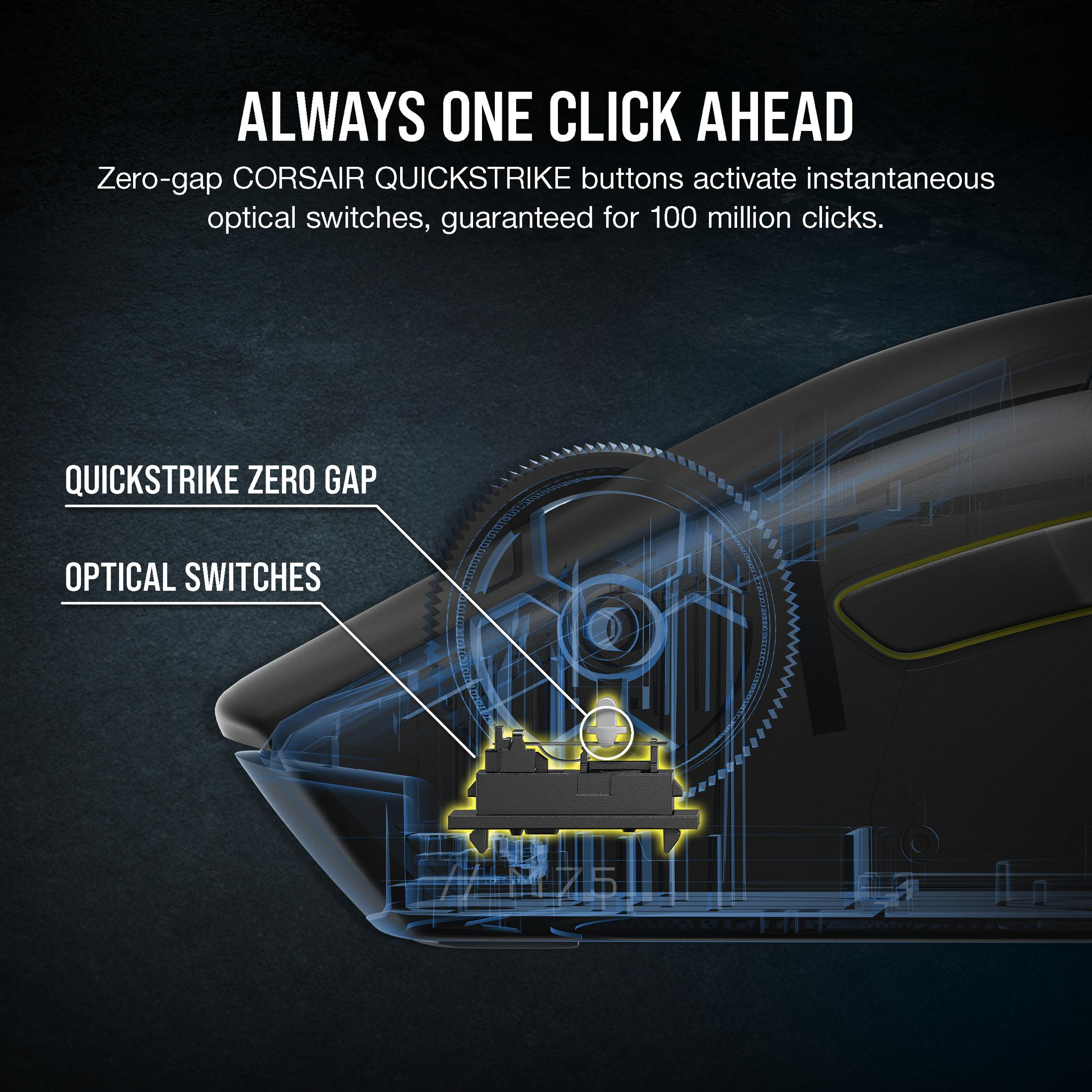 Przezroczysty schemat myszy pokazujący elementy wewnętrzne. Etykiety: 'Quickstrike Zero Gap' i 'Optical Switches'.