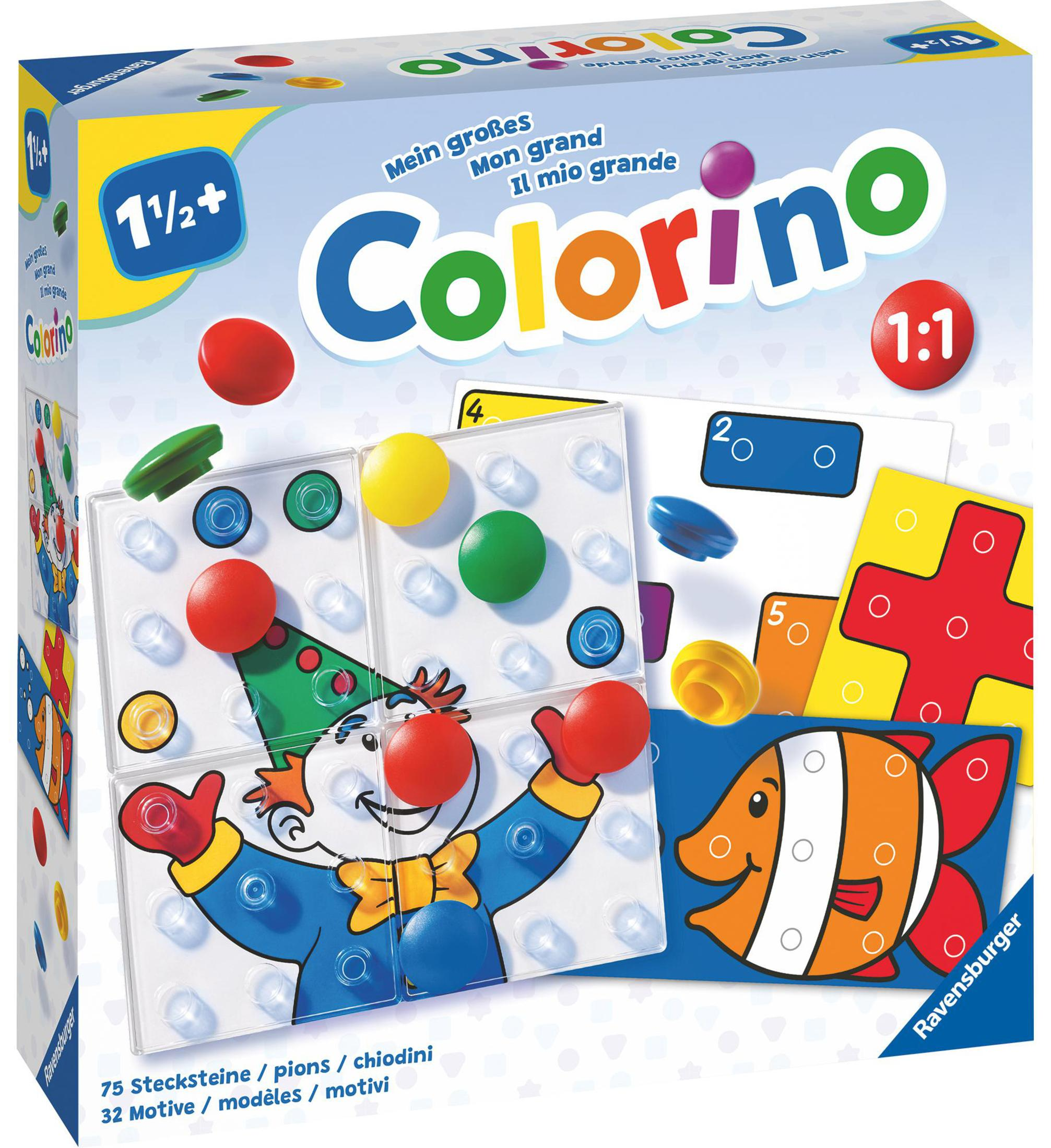 Schachtel des Colorino-Spiels mit bunten Formen, Clown-Illustrationen und Zahlen.