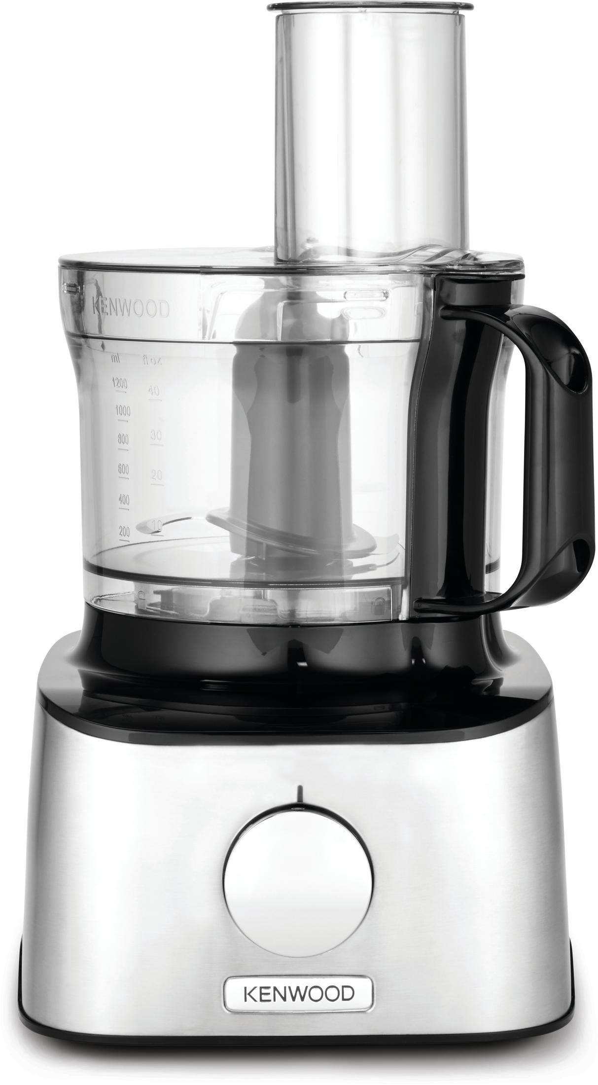 Eine Kenwood Küchenmaschine. Silberne Basis, klarer Behälter mit Messungen, schwarzer Griff und Oberteil.