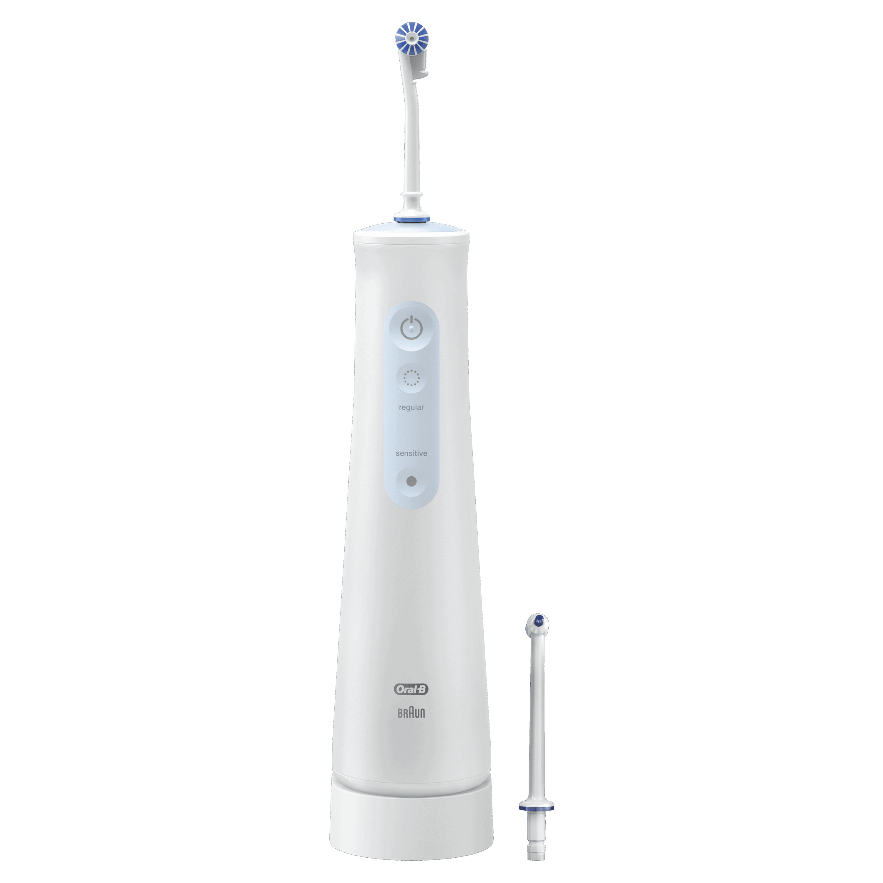 Idropulsore Oral-B bianco e blu. Ha un manico e una punta separata.