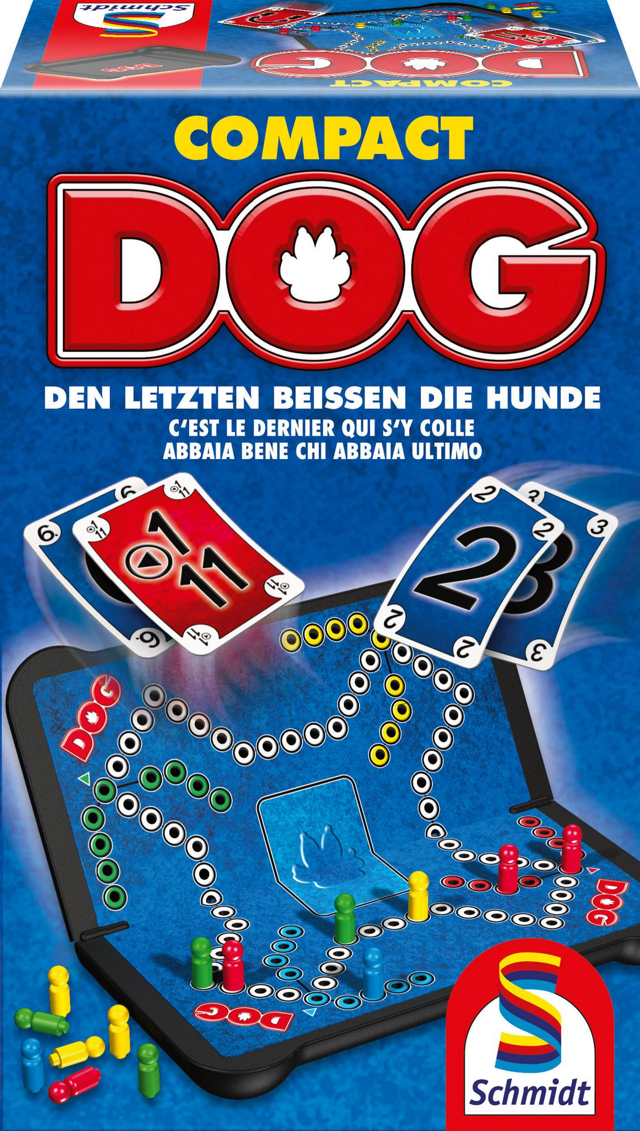 Eine Kartenspielbox mit dem Wort DOG. Karten und Spielbrett sind zu sehen. Mehrere Sprachen sind auf der Box geschrieben.