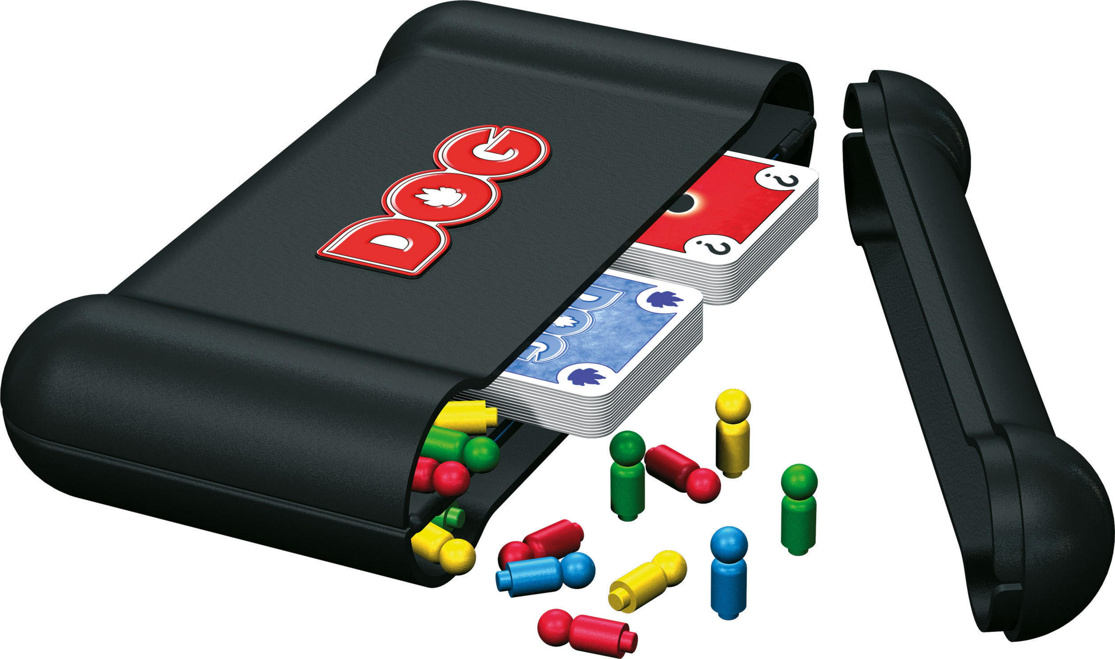Eine schwarze Box mit dem Wort DOG in Rot. Sie hat einen getrennten Deckel, der Spielsteine und Karten im Inneren zeigt.