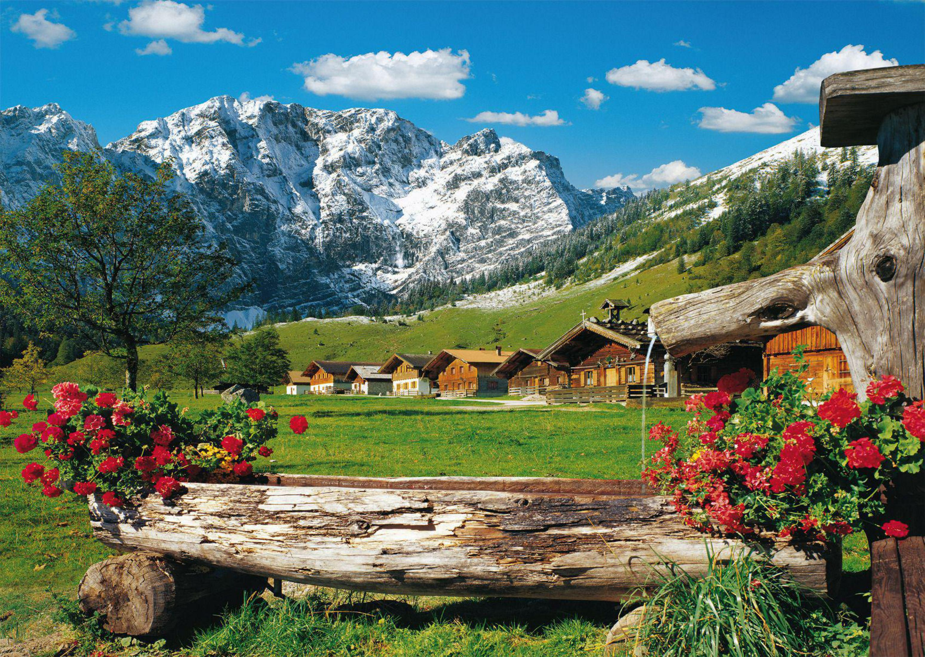 Landschaft mit Bergen, grünen Feldern, Holzhäusern und einer blumengeschmückten Tröge unter blauem Himmel.