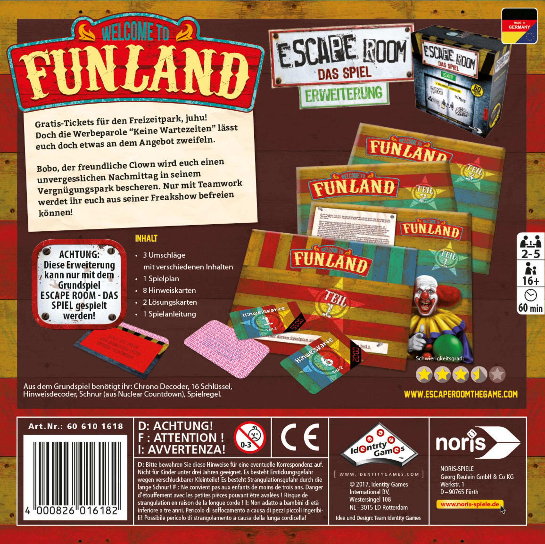 Brettspielbox mit verschiedenen Spielelementen. Die Box hat Text und Bilder. Das Spiel ist Escape Room.