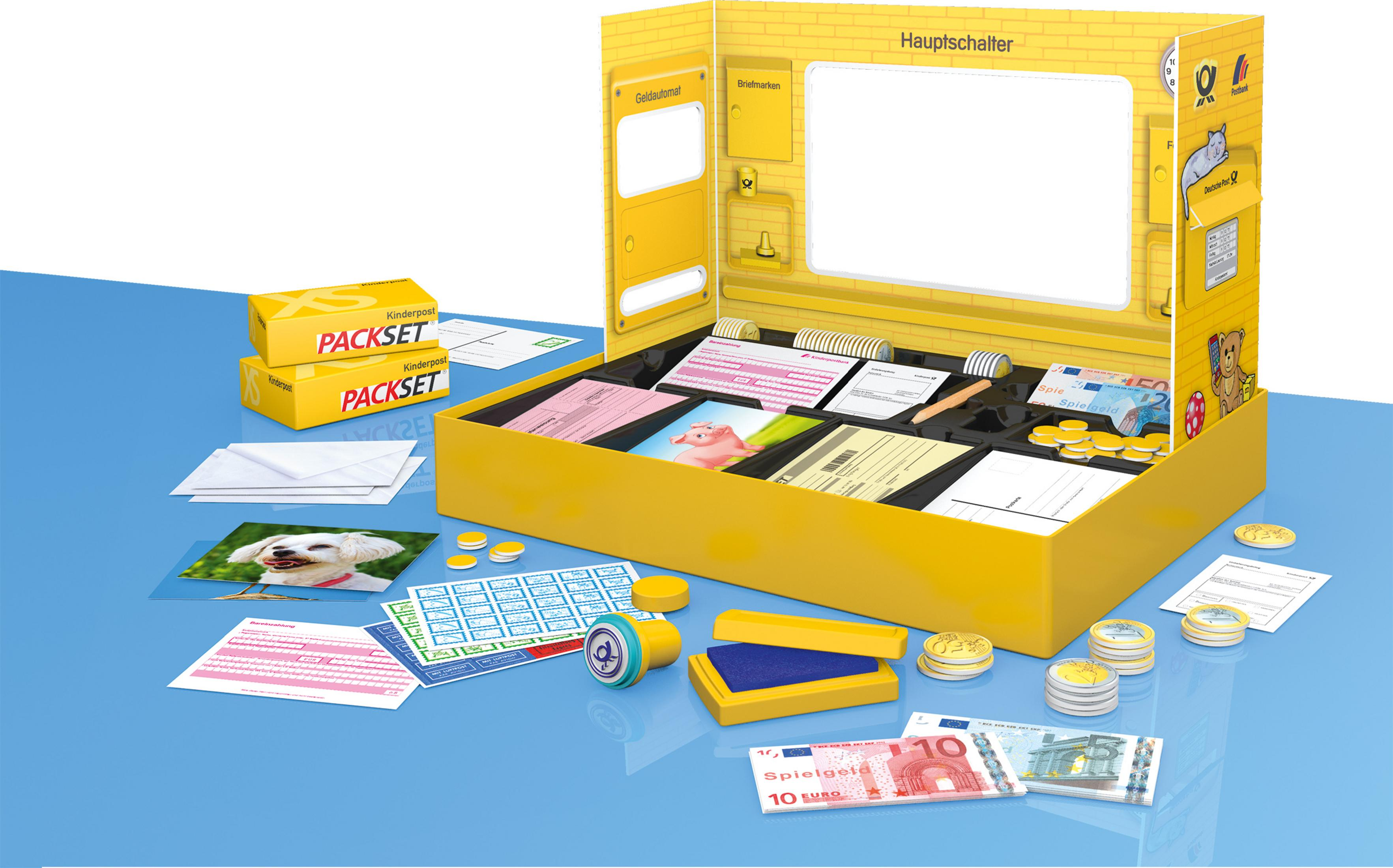 Ein gelbes Spielzeug-Postamt-Set mit verschiedenen Artikeln und Text auf der Box.
