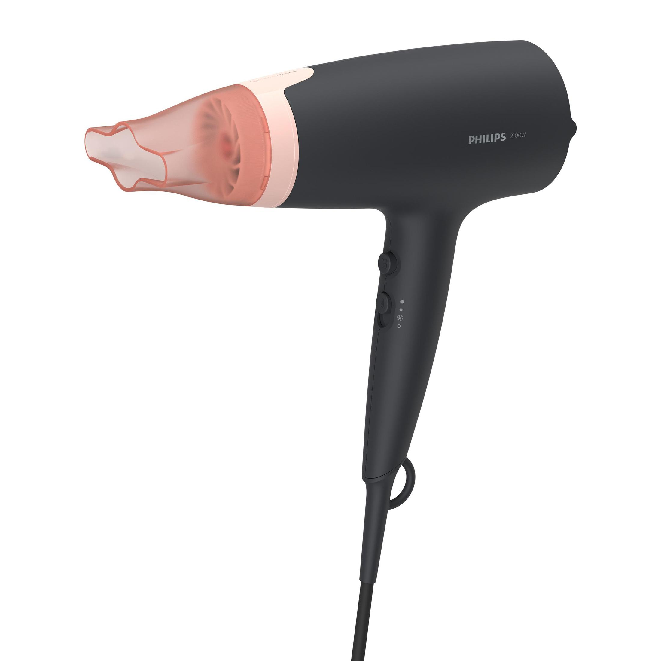 Secador de pelo Philips negro con boquilla rosa, mango negro y botones de control. Fondo blanco.