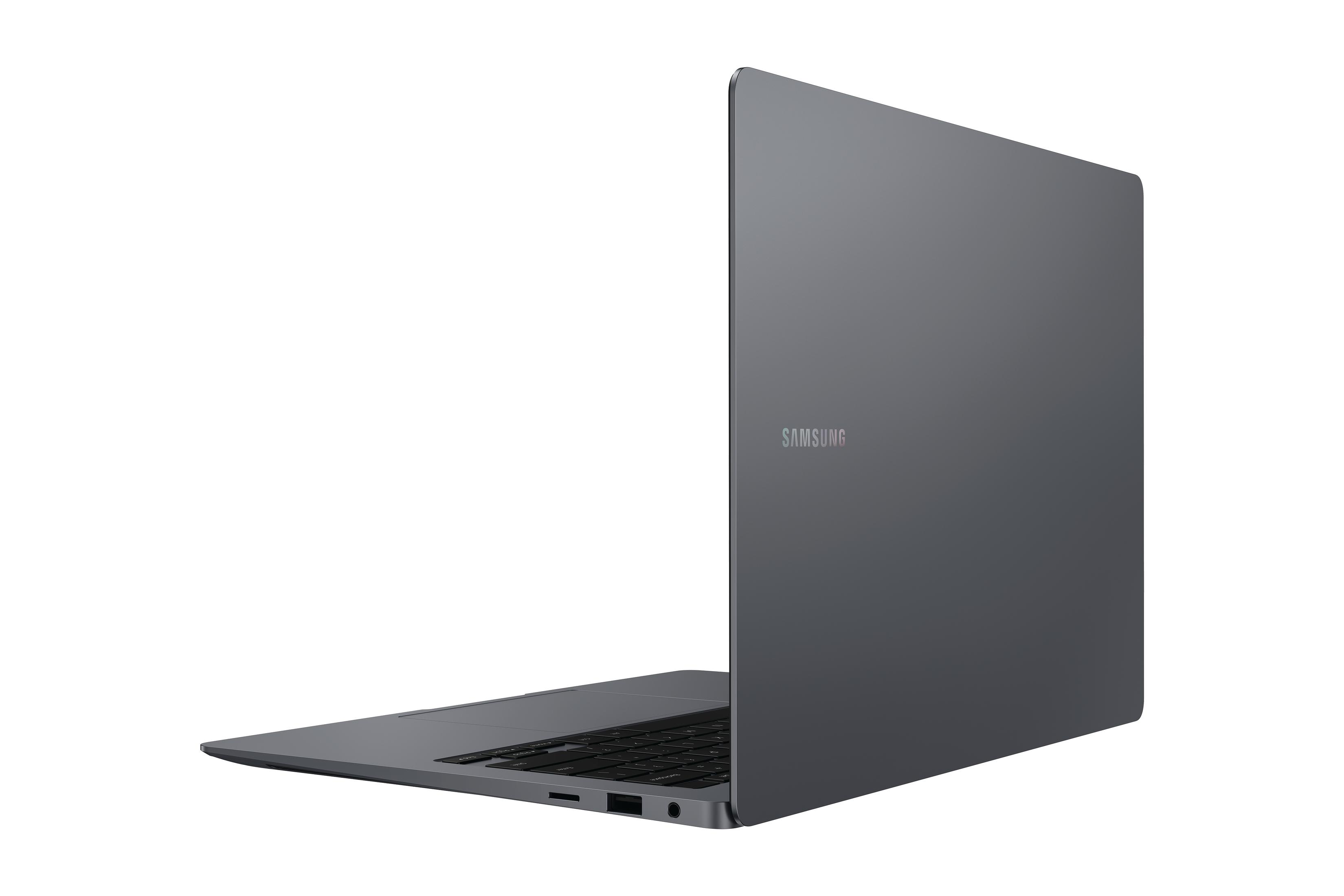 Dunkelgrauer Samsung-Laptop, Seitenansicht, offen.