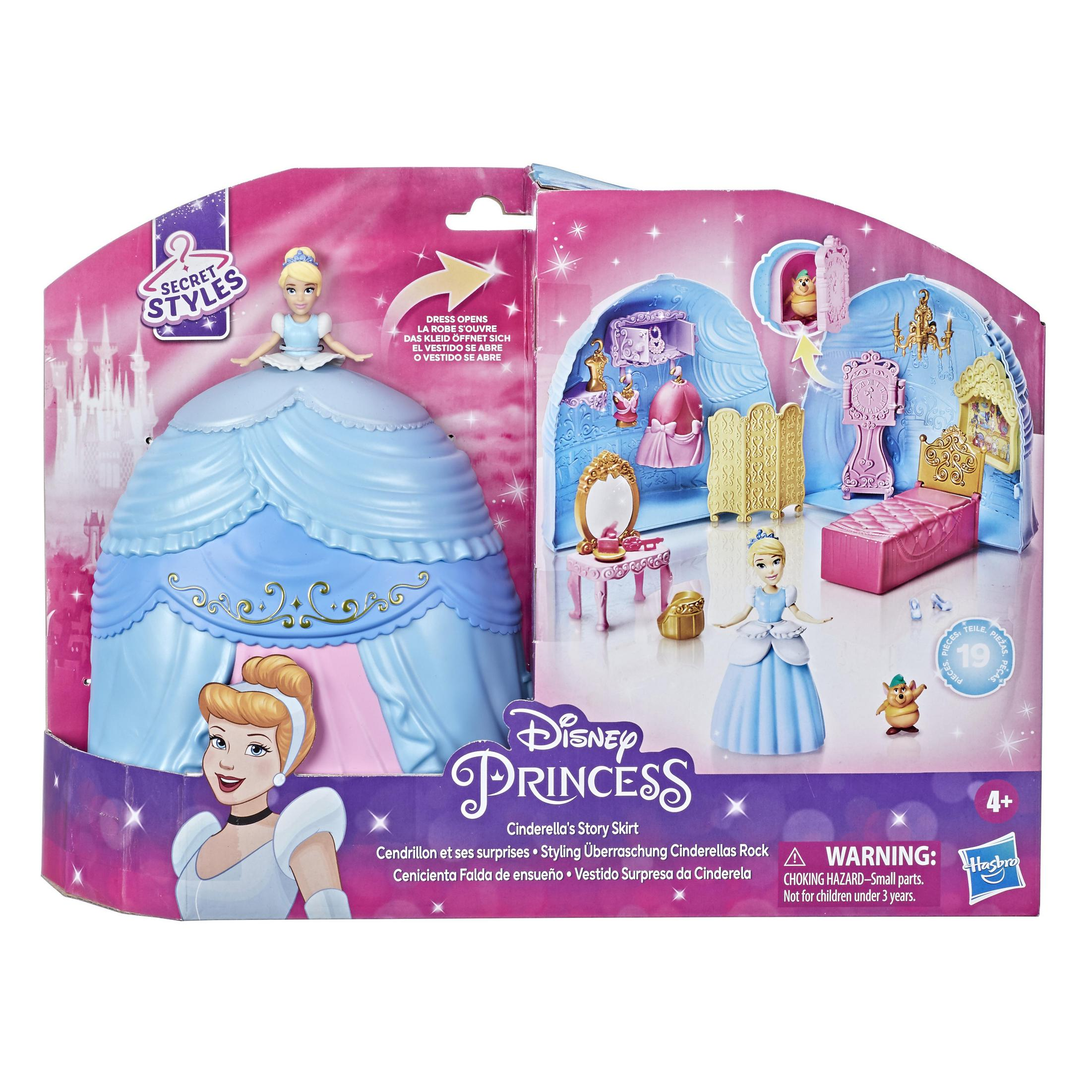 Un juguete de Disney Princess con la falda de cuento de Cenicienta, con una muñeca y accesorios.